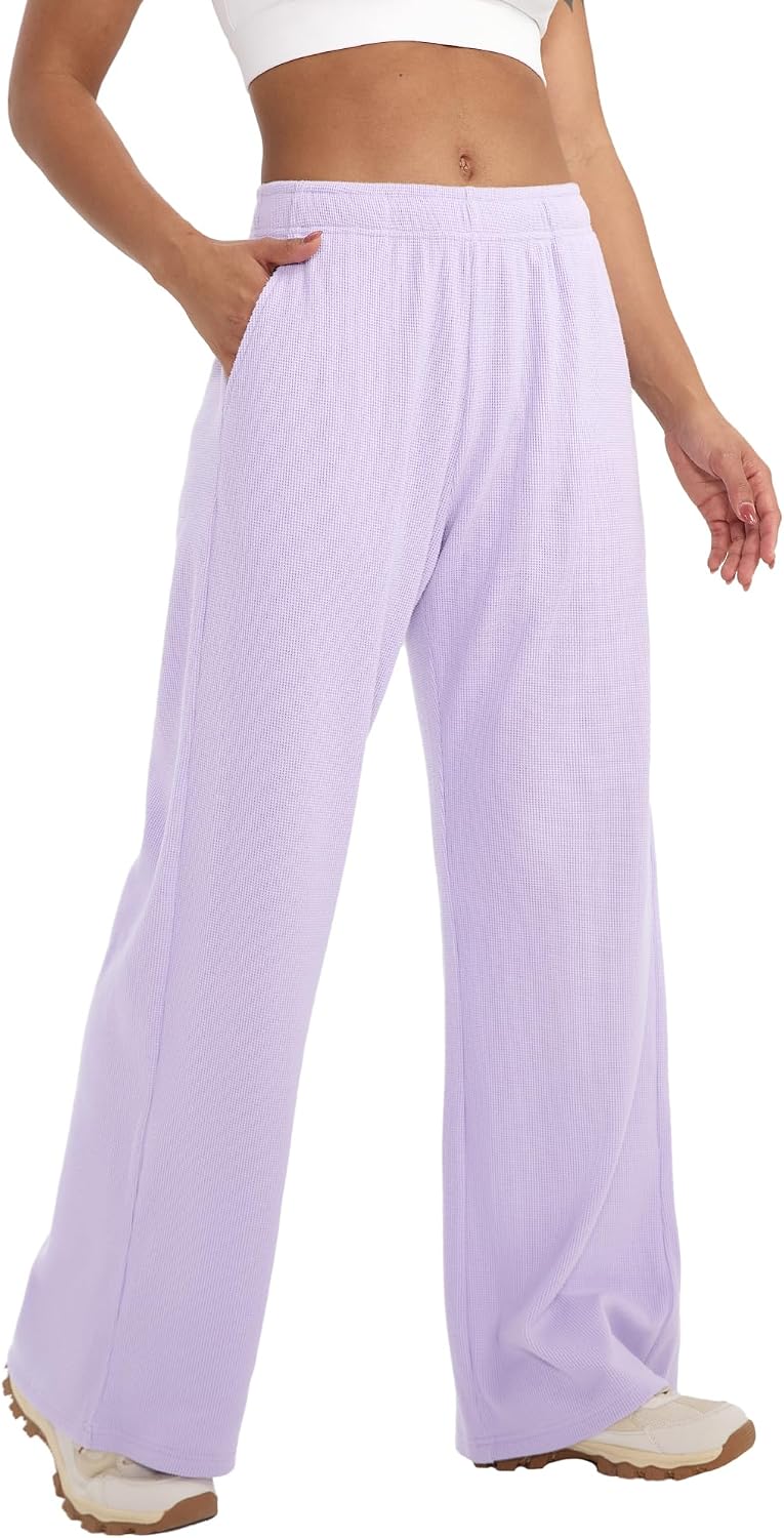 SEAUR Waffle Knit Pants Women Elastic Waisted Straight Leg Yoga Sweatpants with Pocket Workout Joggers Pants