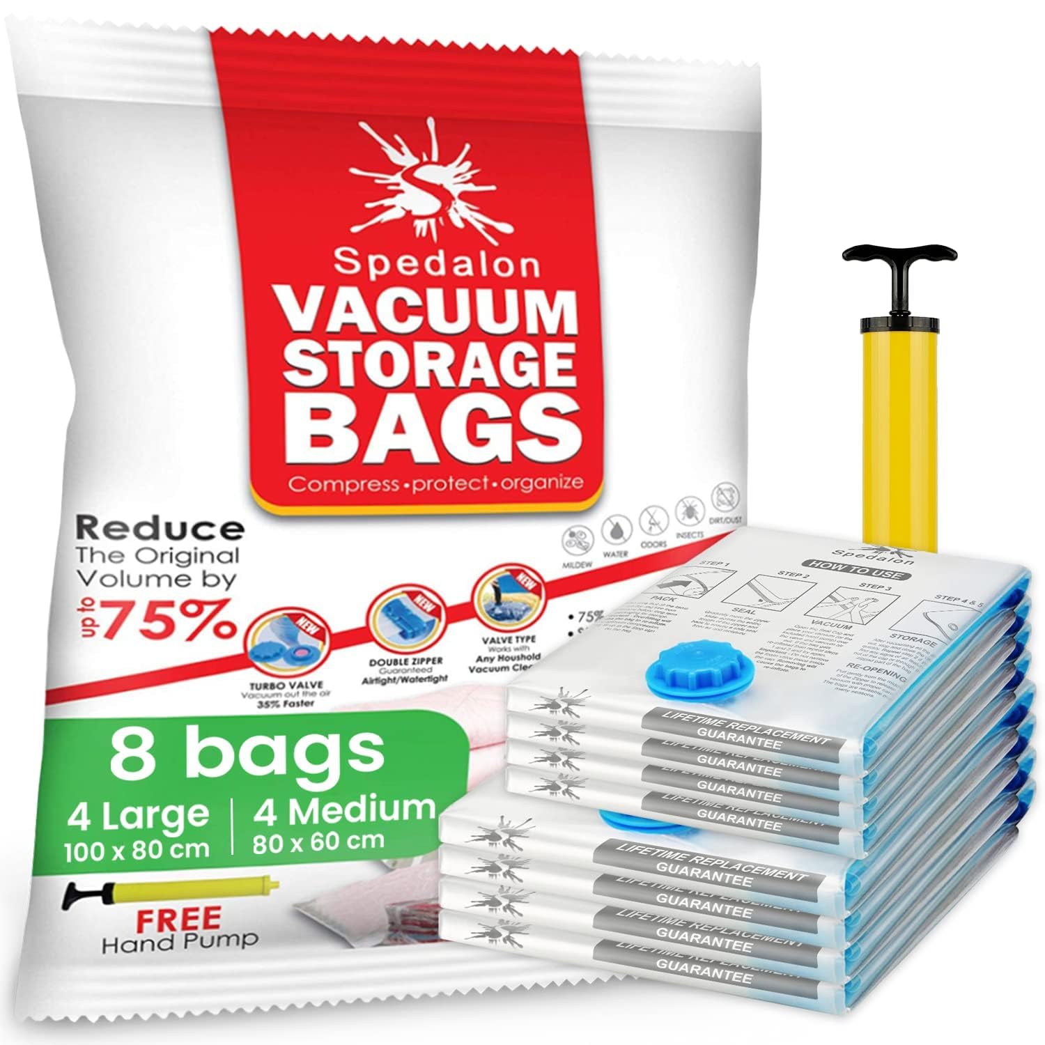 Spedalon Vacuum Storage Bags - Pack of 8 (4 Large (100x80cm) + 4 Medium (80x60cm)) | ReUsable with free Hand Pump for travel packing | Best Sealer Bags for Clothes, Duvets, Pillows, Blankets, Curtains