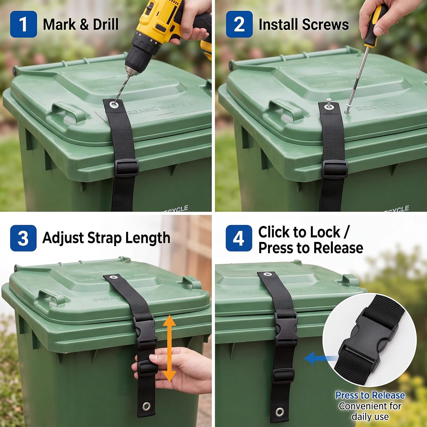 12 Pcs Bear Proof Trash Can Lock Straps for 28-96 Gallon Outdoor