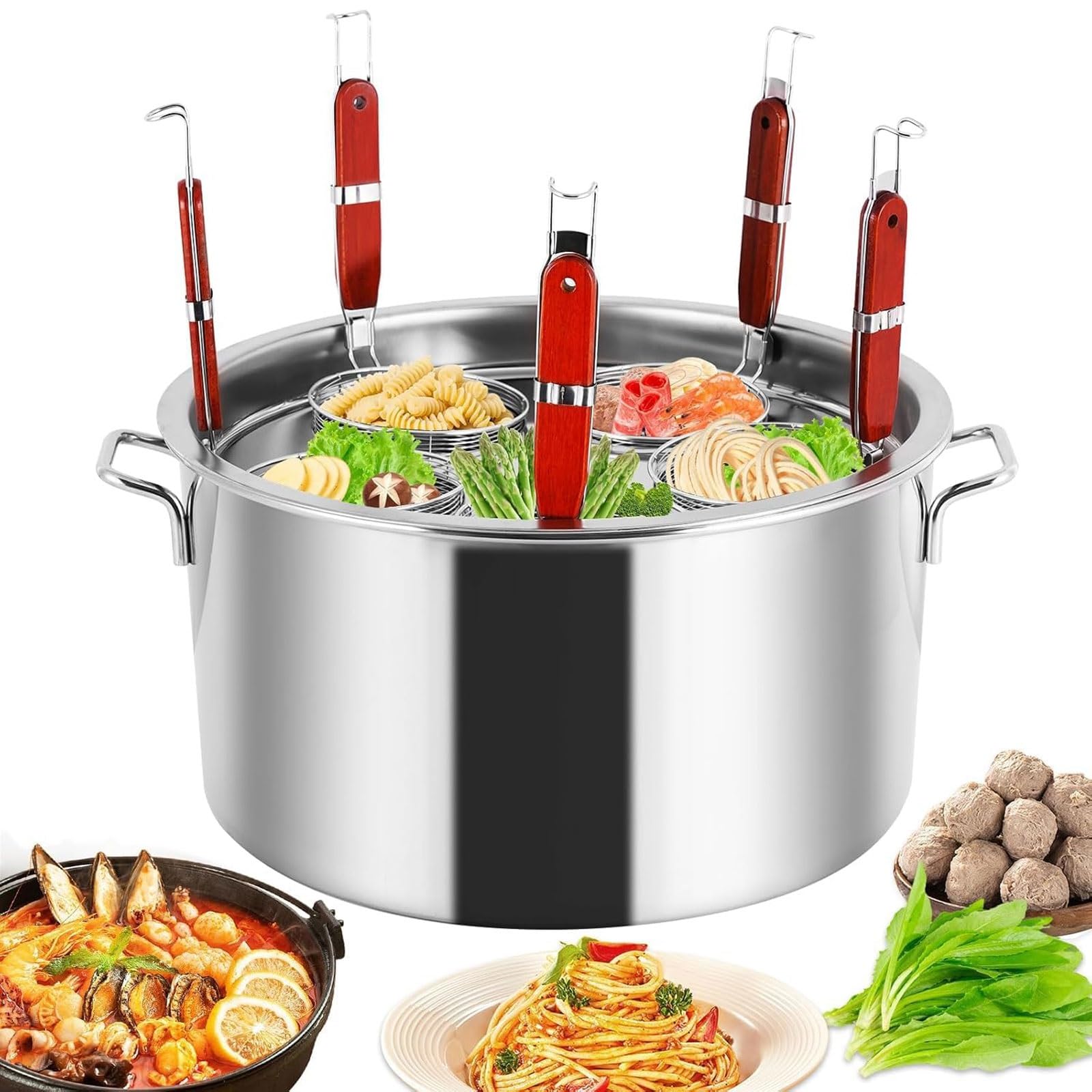 Eiwitany Stainless Steel Desktop Manual Pasta Boiler, Commercial Noodle Cooker with Filter Baskets for Kitchen & Street Food Stall (5 Holes)