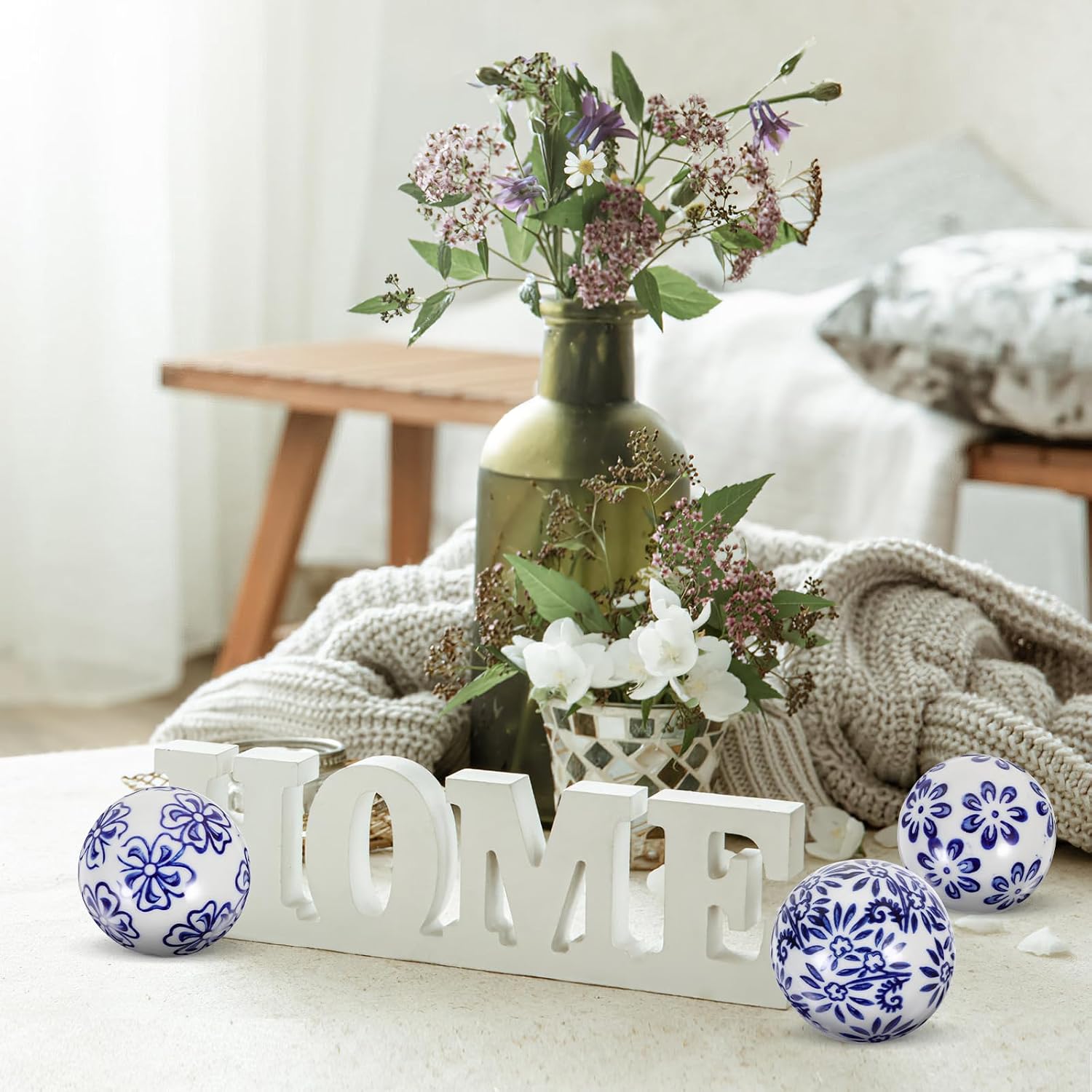 Blue and White Porcelain Balls Decorative Set of 3 Ceramic Orbs Chinoiserie Style Floating Spheres for Home D Cor Vase Fillers 2 Inch