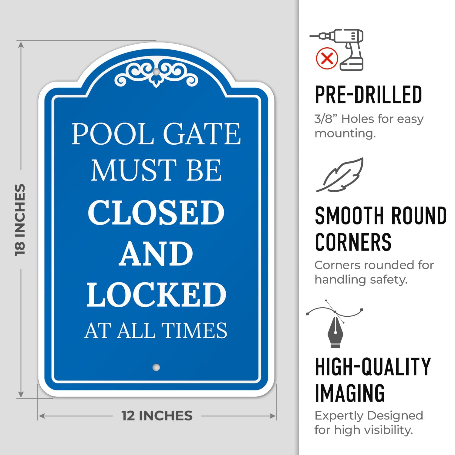 Pool Gate Must Be Closed and Latched at All Times Sign, 12x18 Inches, ACM, Fade Resistant, Made in USA by Sigo Signs