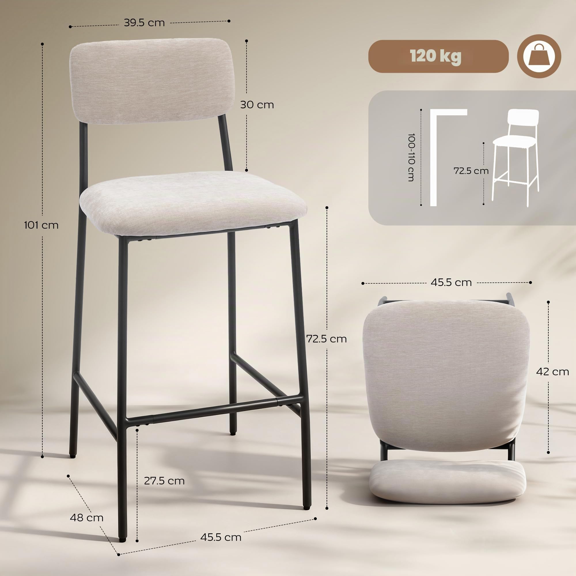 HOMCOM Set de 2 Taburetes de Bar y Cocina Altos, Respaldo Alto, Crema