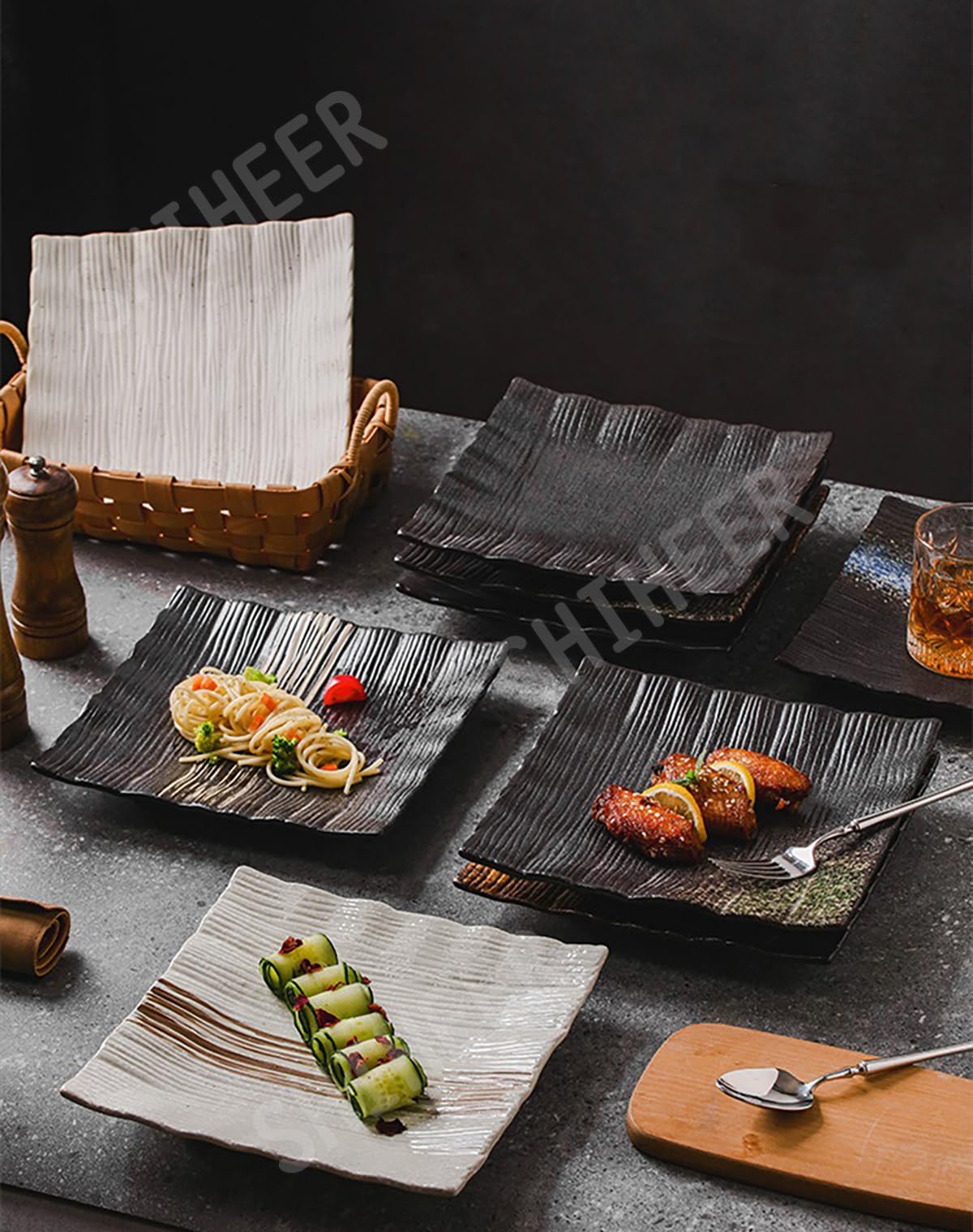 5点セット　角皿　正方形　うつわ　和食　日本料理　寿司　微湾曲天面　作家物　骨董 Amazon.co.jp: SHIHEER 正角皿 陶器 お皿セット 23.5x23.5cm すし