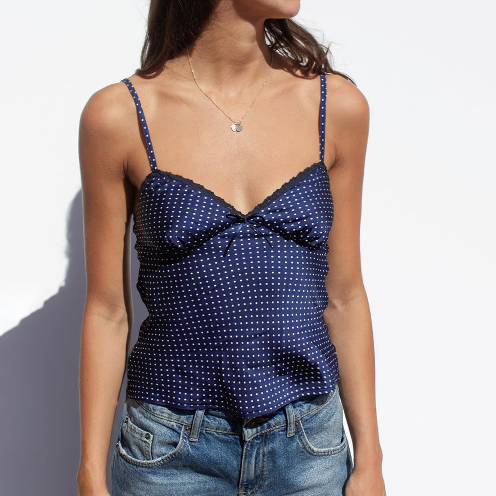 Sexy outfit Damska Y2K w kropki z koronkowym wykończeniem Top na ramiączkach V dekolt Spaghetti pasek Dopasowana krótka koszulka Lato Casual Wyjściowe top