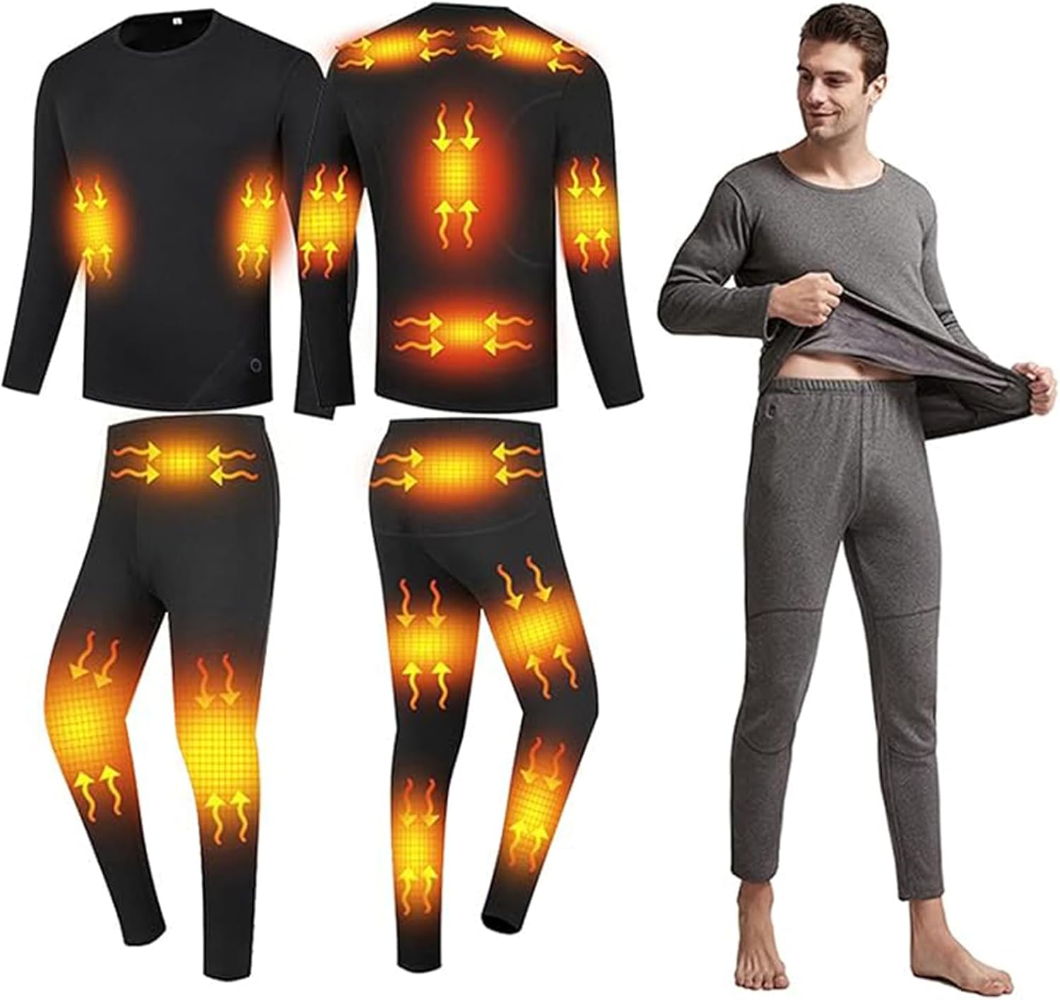 Heated Underwear Set Heating Thermal USB Electric Top and Pants with 16-Pads for Cycling, Hunting, Fishing