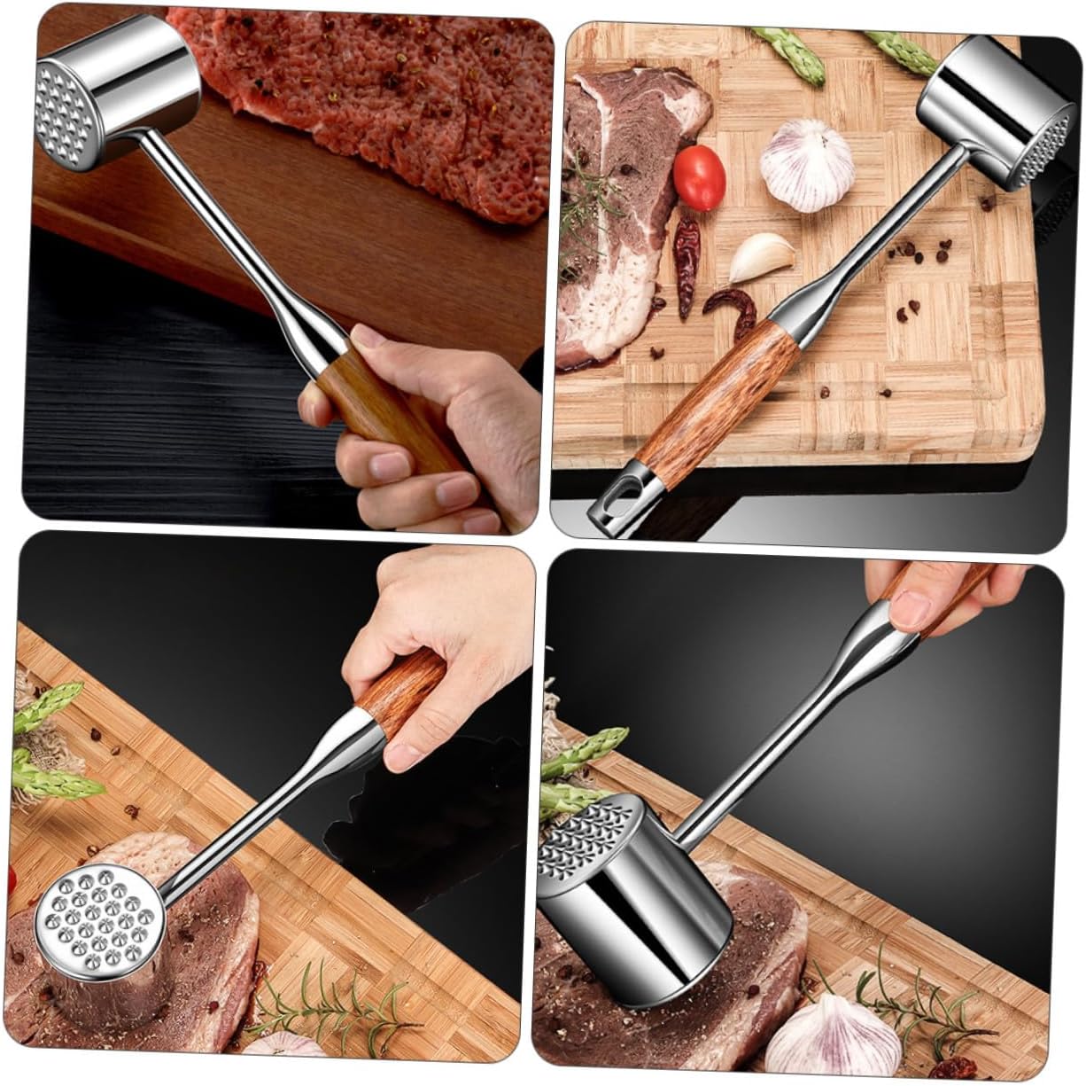 GLEAVI Stainless Meat Mallet and Tenderizer Tool 304 Stainless Steel Beef Pounder with Hardwood Handle for Home Kitchen Steak Preparation Random Color