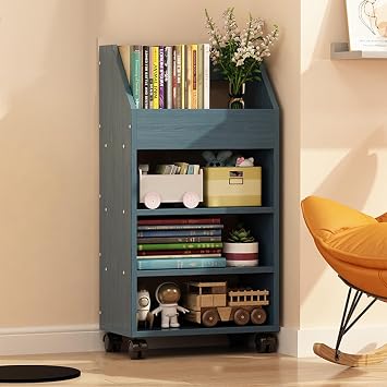 Rolling Bookshelf, Mobile Bookshelf On Wheels Compact Desk Storage Organizer Push Bookshelf/Corner Display Rack Magazine Rack for Narrow Spaces Color Blue, Size 50x22x75cm