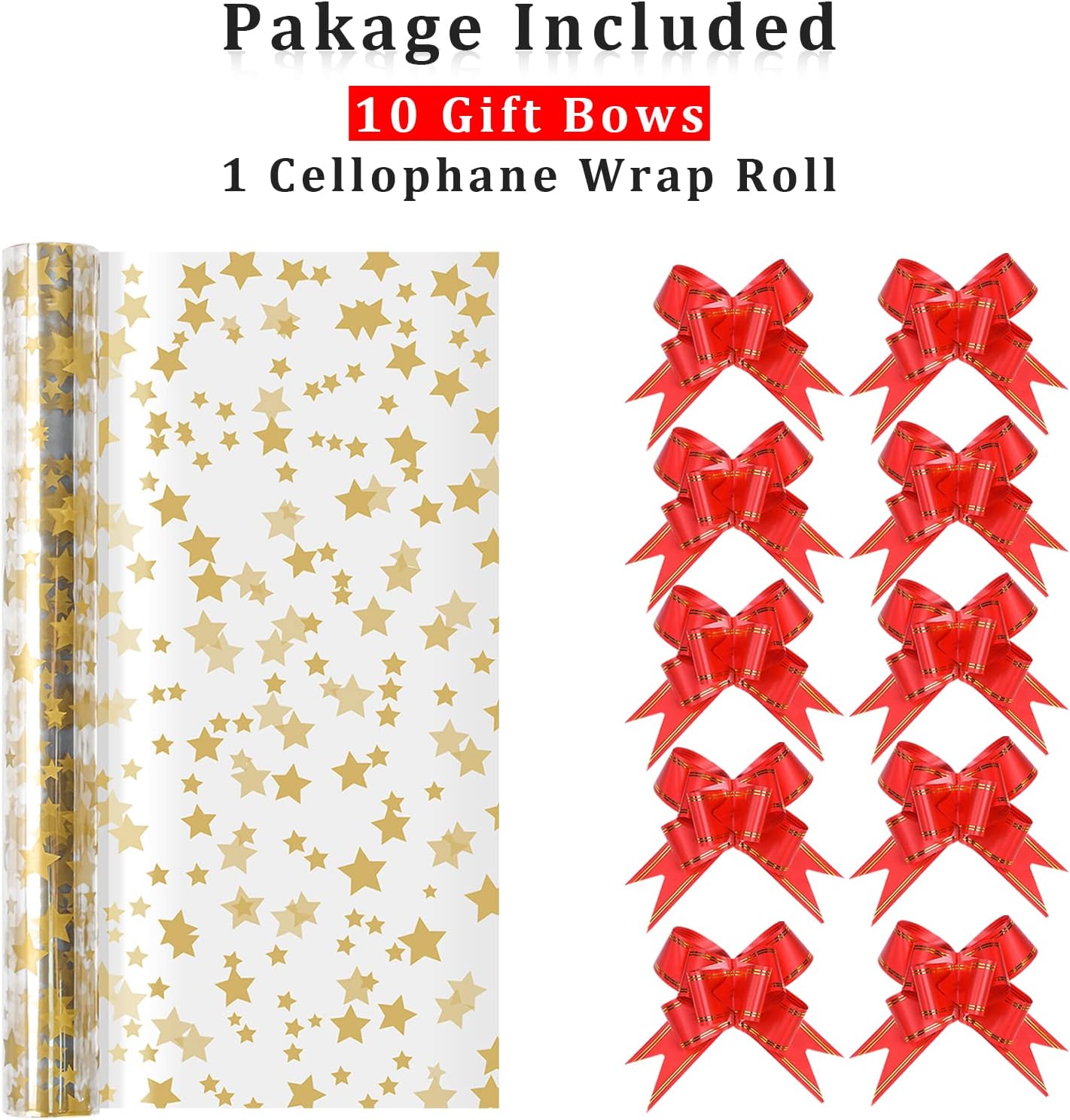 Christmas Cellophane Wrap Roll, Cellophane Wrap Gift Basket Wrap, Nistar Cellophane Wrap Roll (32 in x 50 ft) Gold for Gift Baskets with 8 Bows Extra Large Clear Wrapping Paper to Treats, Flower, DIY Craft for Holiday, Christmas : Health & Household
