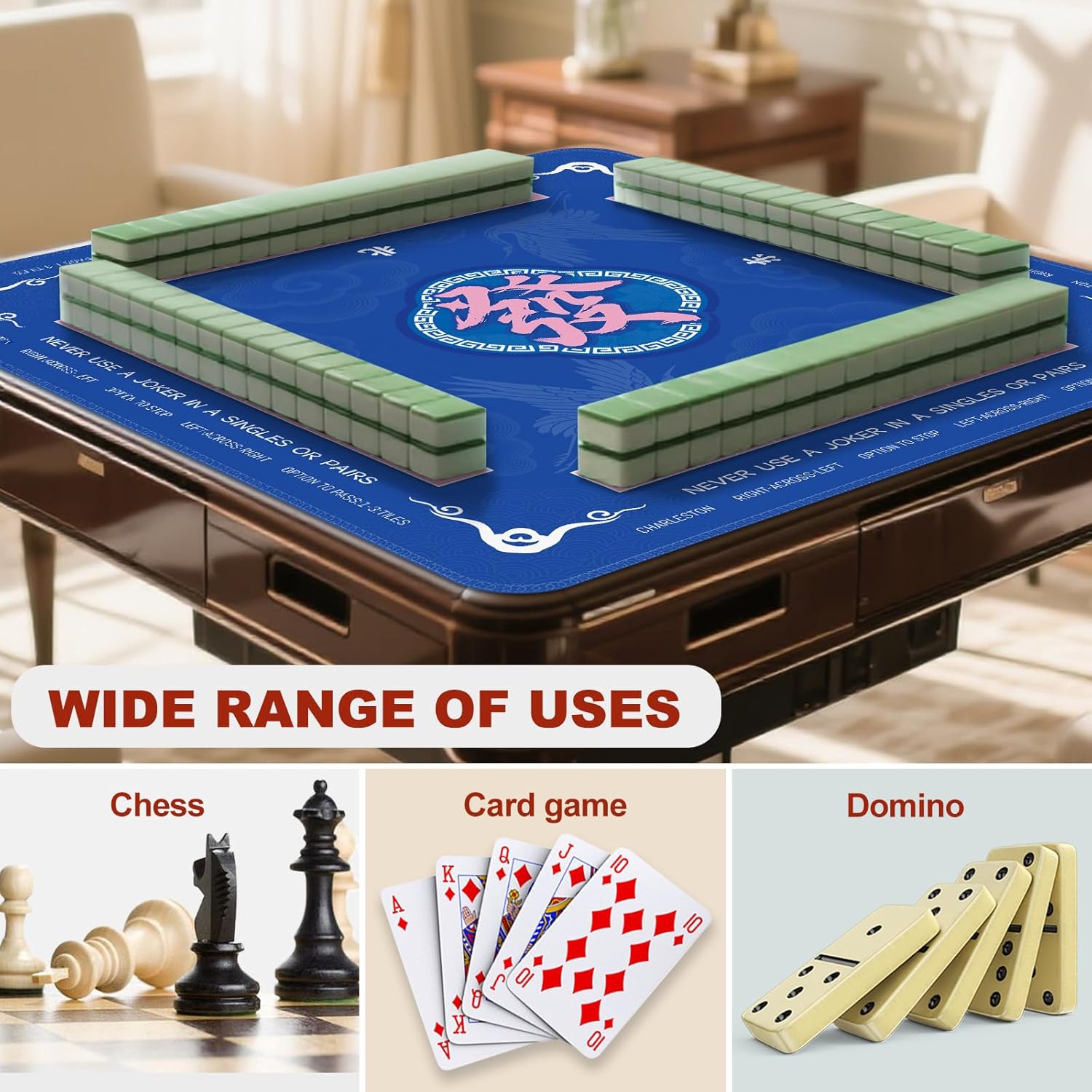 Mahjong Mat for Table, 32.4x32.4 Inch & 3MM Thick Noise Reduction Anti-Slip Gaming Mat for Mahjong, Poker, Board Games, Card Games, Dominoes (Blue)