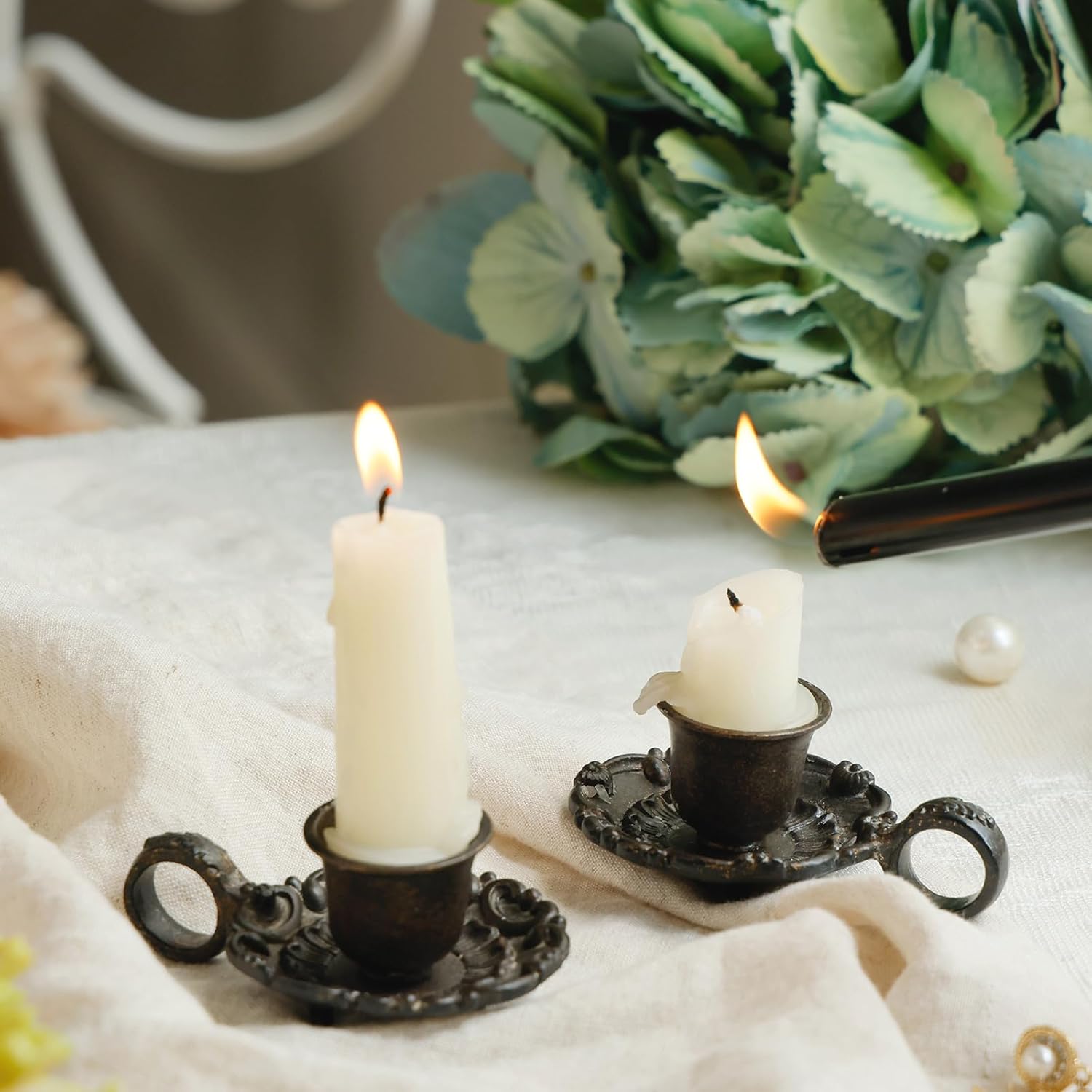 NIKKY HOME Taper Candle Holders with Handle, Set of 2 Rustic Metal Candlestick for Table Centerpieces, Wedding Decor and Dinner Party, Brown