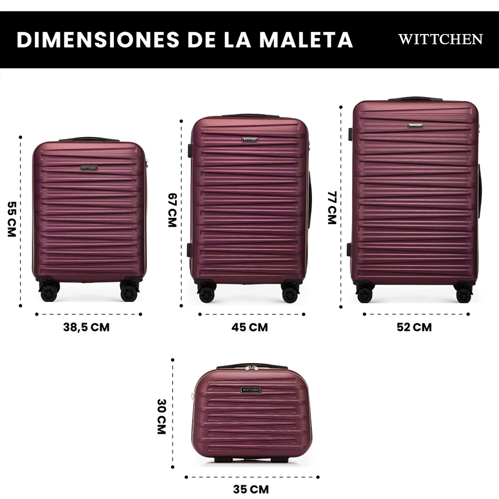 WITTCHEN Skyspeed Line Juego de 4 Maletas de Viaje Trolley con Ruedas Equipaje de Mano con Neceser maletín rígido ABS Cerradura de combinación asa telescópica 4 Ruedas Granate Ryanair/Vueling/Iberia