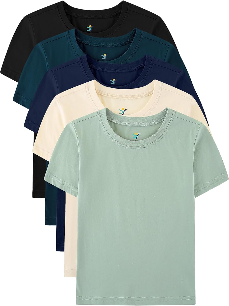 Pack de 5 camisetas de niño, 100% algodón, camisetas de manga corta y cuello redondo para niños, ropa escolar,diaria y deportiva, de 4 a 16 años