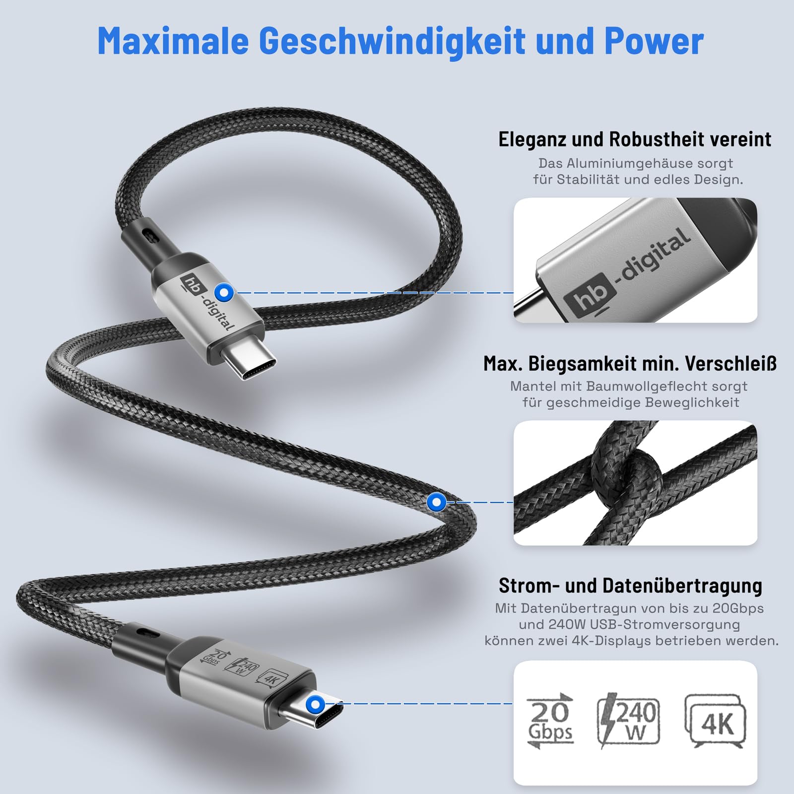 HB-DIGITAL 2 m, 4 cavi USB C USB 4.0 Gen3, cavo di ricarica veloce fino a 240 W, cavo dati 20 Gbps 8 K, 60 Hz, 4 K, nylon intrecciato per iPhone 16 15 Pro, Samsung Galaxy S23 S22 S21