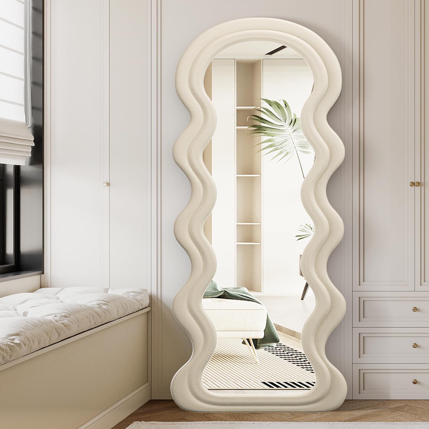 Full Length Mirror, 63" x 24" Floor Mirror, Irregular Wavy Mirror, Full Length Wall Mirrors, Standing Flannel Wrapped Wooden Frame for Bedroom, Cloakroom (White)