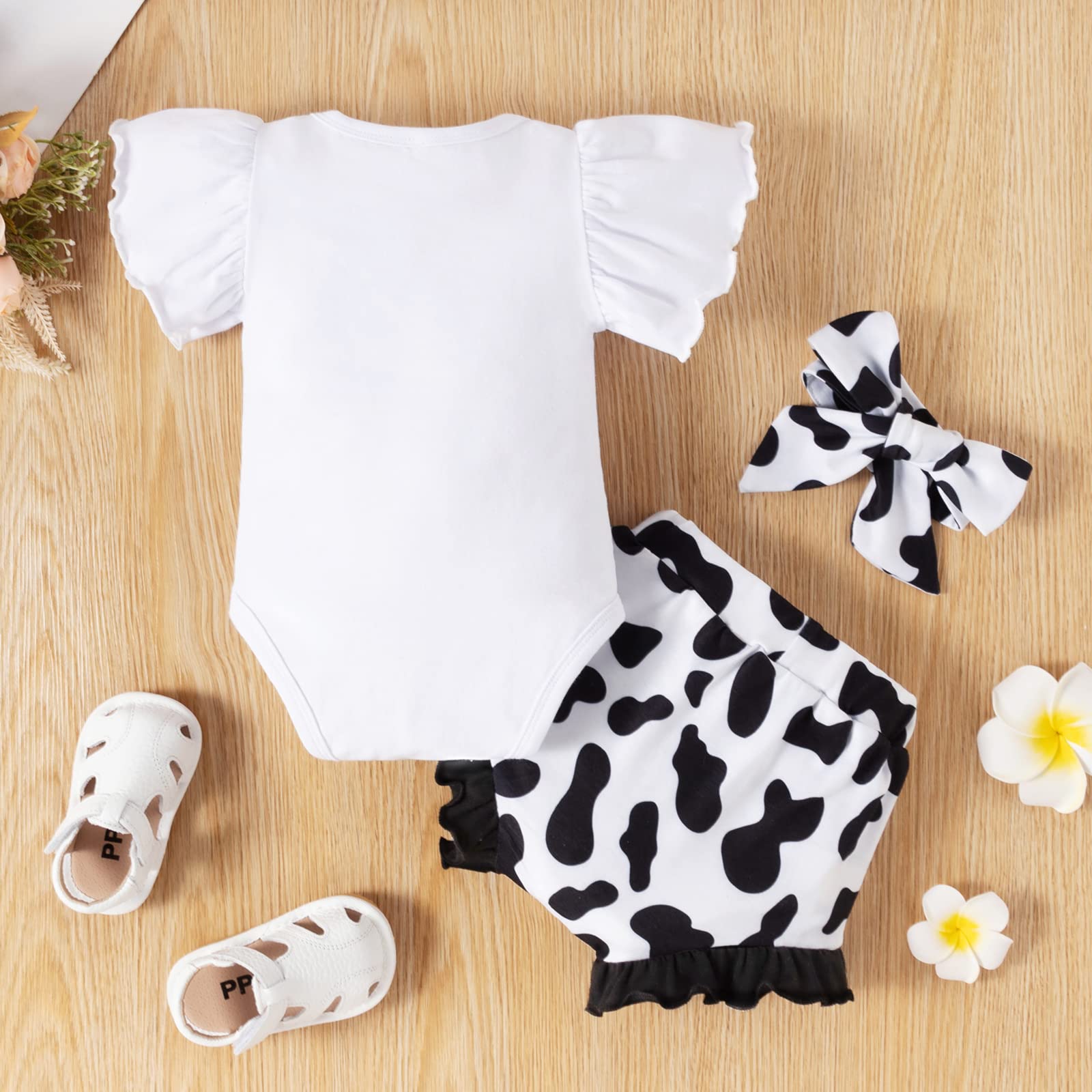 Newborn Girl Cow Romper & Bummies - Summer Toddler Infant Cow Print Outfits for 9-12 Months