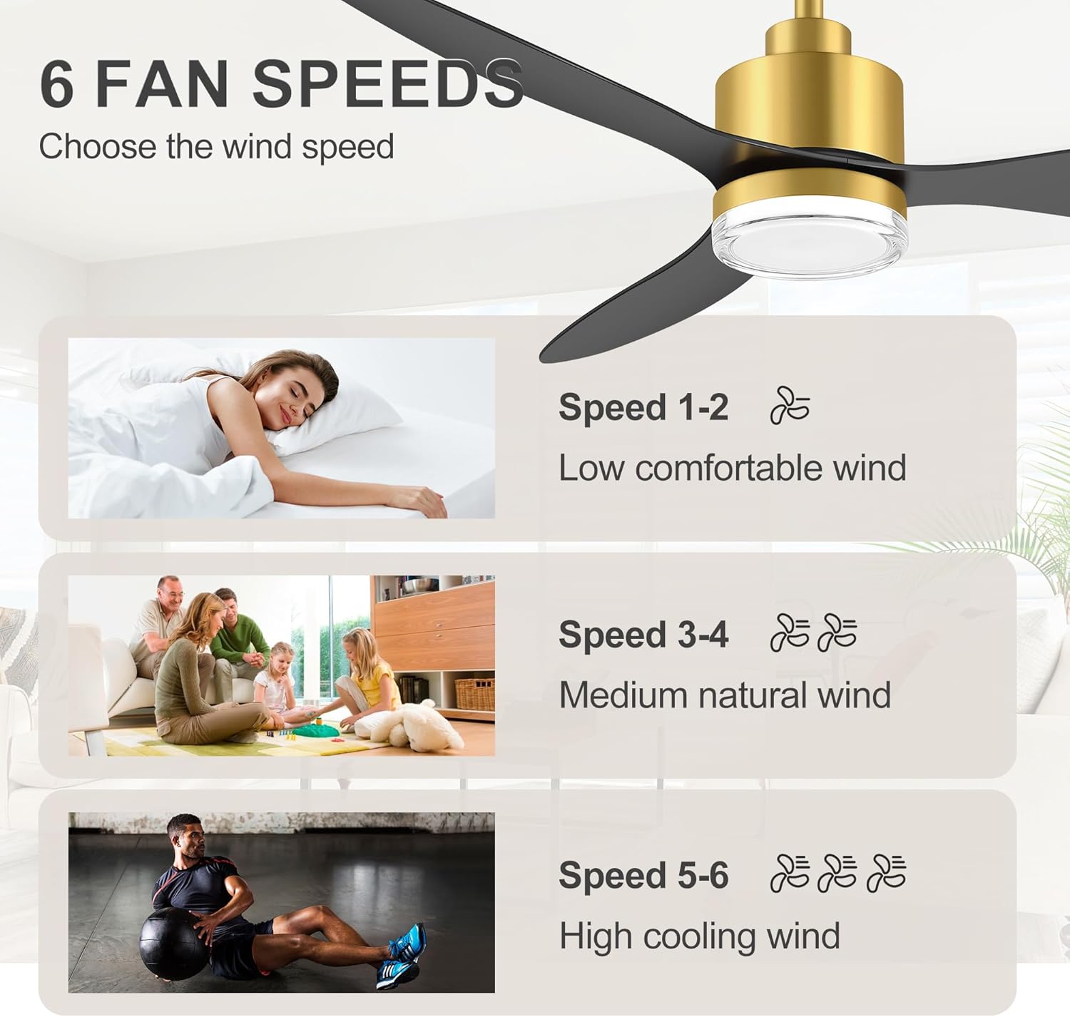 52 Inch Modern Gold Black Ceiling Fans with Lights and Remote, 6-Speed Reversible DC Motor, 3 ABS Blades, 3-Color Led Light, 2 Downrods, Industrial Indoor Ceiling Fan Light Fandeliers for Bedroom
