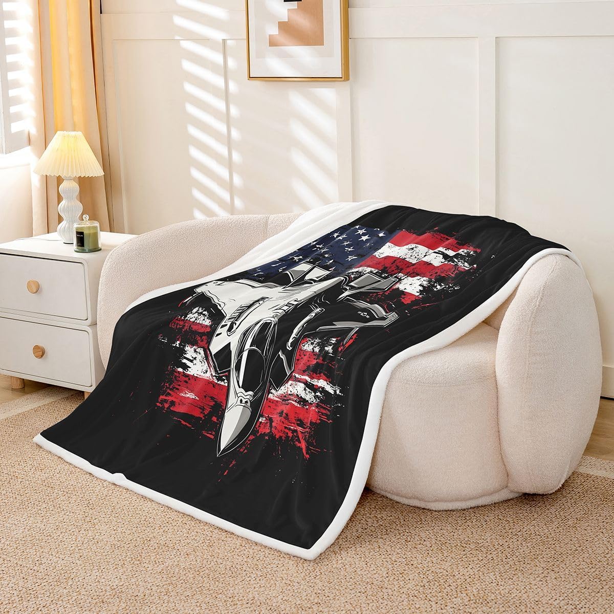 Erosebridal Kids Airplane Fleece Throw Blanket Baby 30"x40" for Bedroom Living Rooms Sofa Couch,American Flag Sherpa Blanket,Fighter Aircraft Fuzzy Plush Throw,Oil Painting Home Room Decor