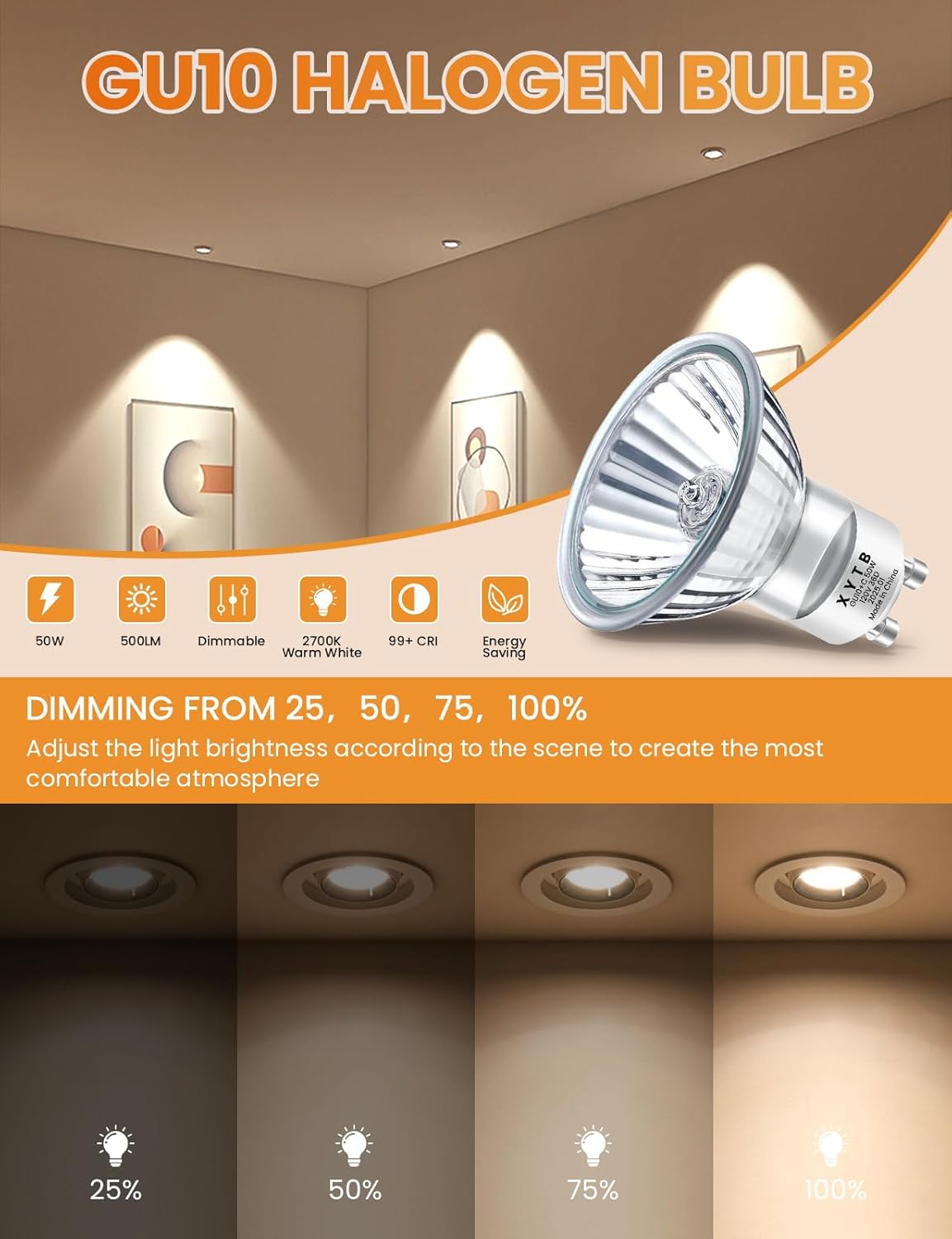 GU10 Halogen Bulb, 120V 50W Halogen Light Bulbs with Glass Cover for Candle Warmer, MR16 GU10+C 2700K Warm White Dimmable Recessed Track Lighting
