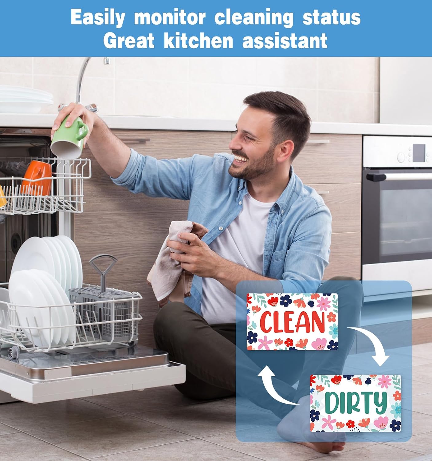 Funny Cartoon Flower Clean Dirty Dishwasher Magnet Sign, Washing Machine Magnet Flip, Double Sided Reversible Dish Clean Dirty Sign for Kitchen Home Accessories Decor image 4