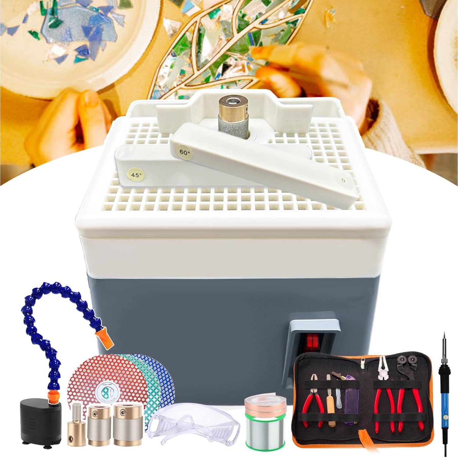 New Upgrade Stained Glass Crafting Tool Set,Stained Glass Grinder kit for Crafting Multi Angles & Curves,with Automatic Water Supply Set+Angle Positioning Tool+Grinding Bit+Grinding Disc