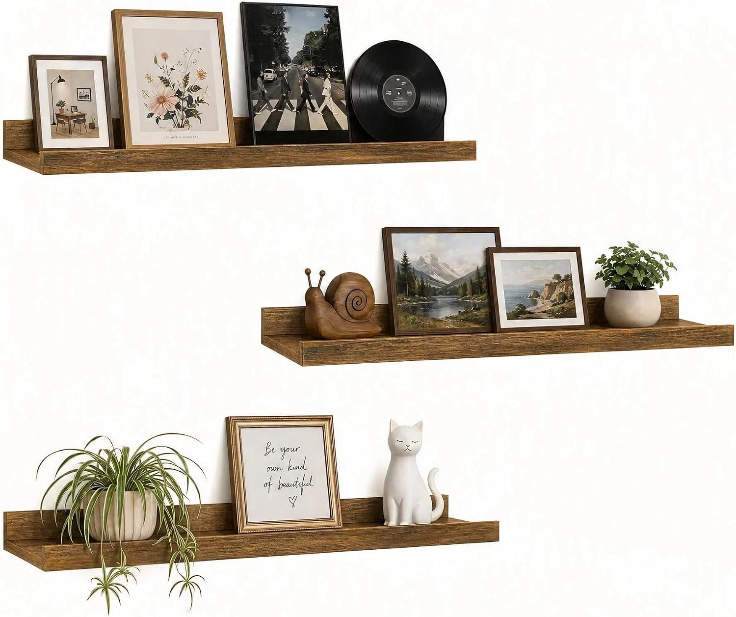 24inch Long Floating Shelves for Wall Decor, 3-Set Shelves with Lip, Brown