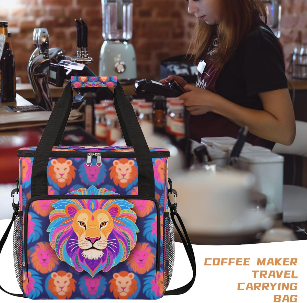 Mandala Lion Portable Coffee Maker Carrying Bag Compatible with Keurig K-Mini or K-Mini Plus - Travel Storage Tote with K-Cup Pod Pockets for Single Serve Coffee Brewer