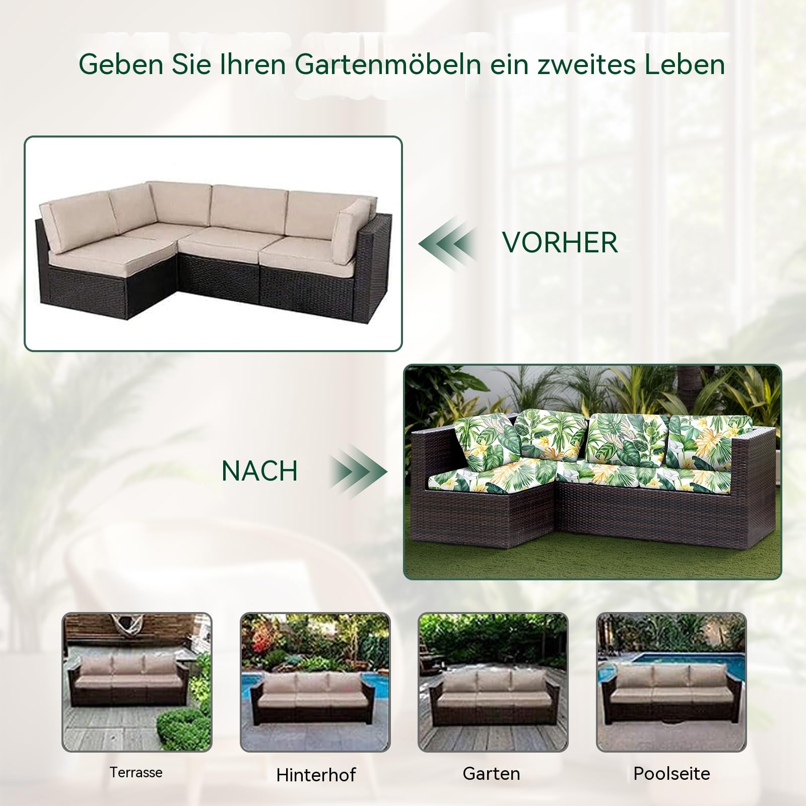LiveGo Stretch-Sofa-Kissenbezug, Ersatz-Kissenbezug für Terrassenmöbel, Couch-Schonbezüge, Stuhl-Sitzbezug, weicher Flexibilitätsschutz (8, grüne Blätter)