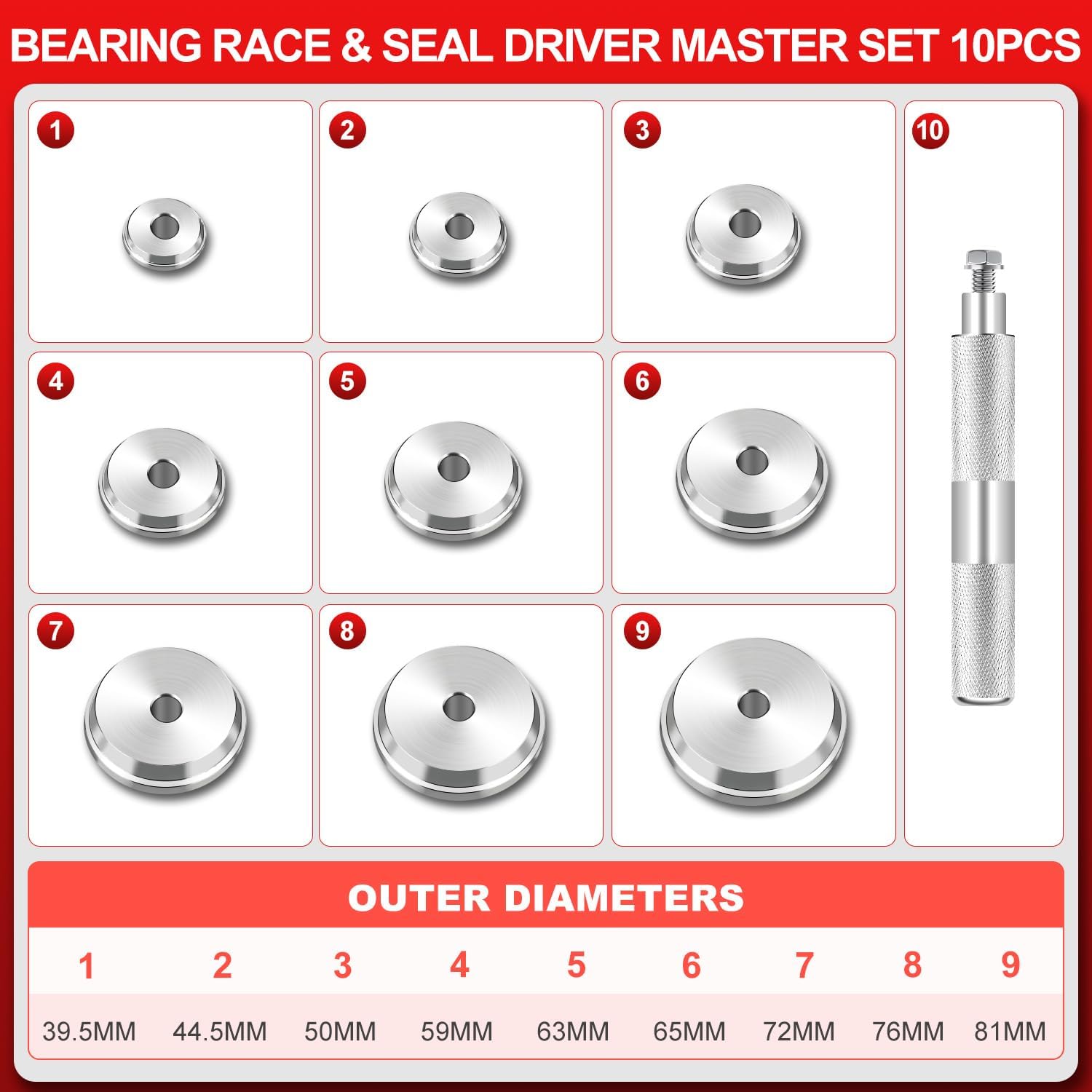 YSTOOL 10PCS Bearing Press Kit with Seal Driver and 9 Bearing Adapters Seal Installation Tool