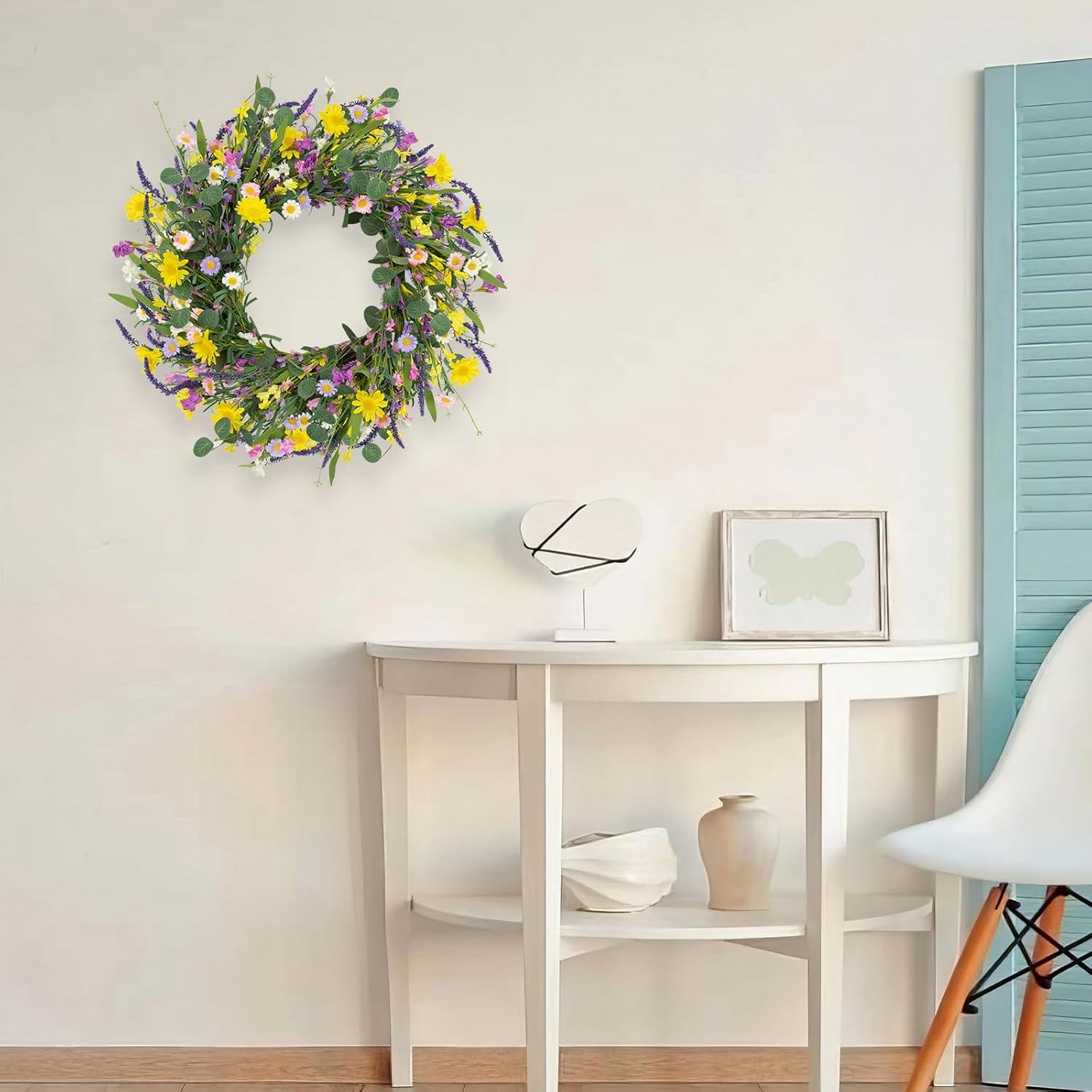 Spring Decorations for Home 22" Spring Wreath Artificial Summer Wreaths with Eucalyptus Leaf Lavender and Daisy for Easter Indoor Outdoor Home Festival Celebrations - Image 7