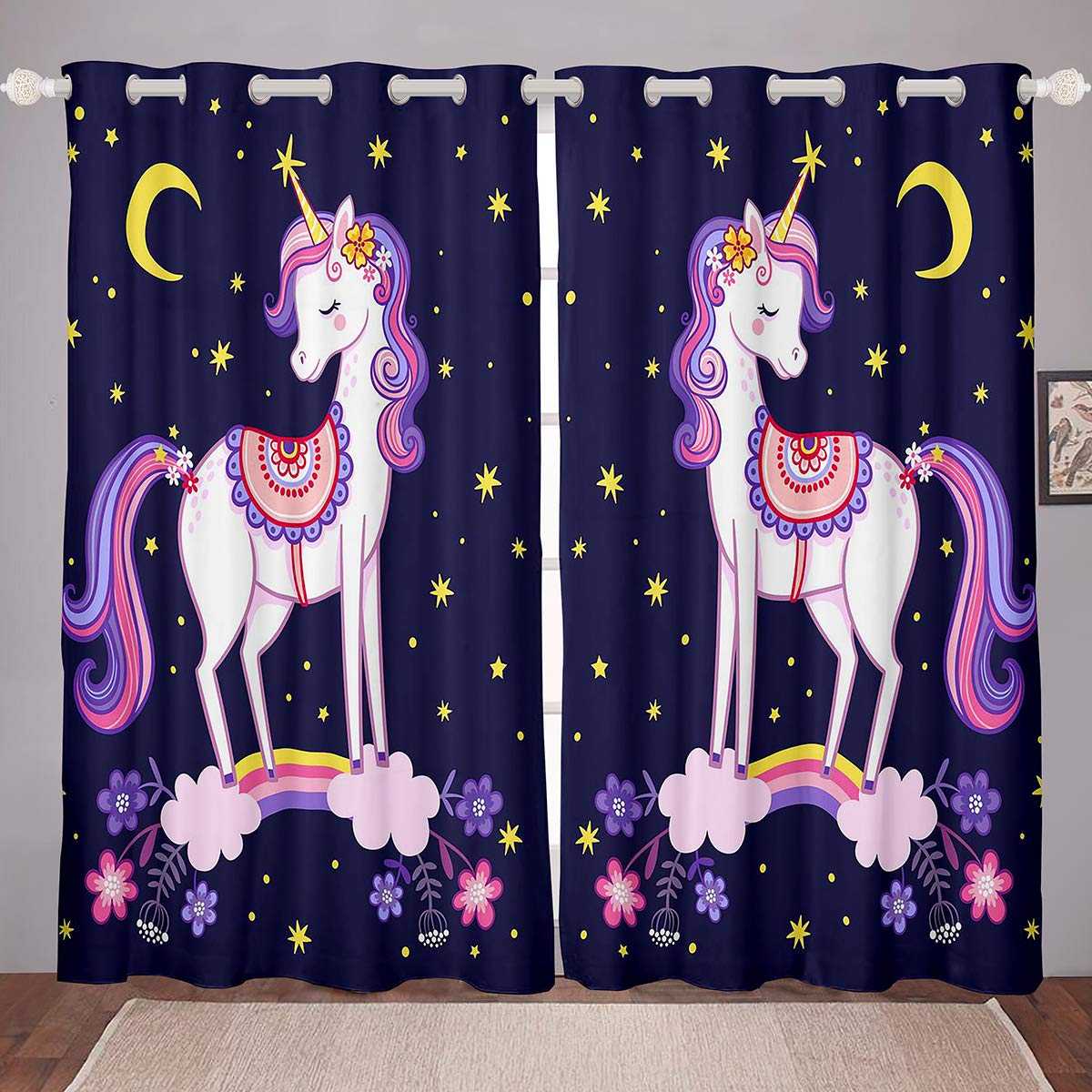 Loussiesd Unicorn Curtains for Kids Girls Magical Fantasy Rainbow Unicorn Room Curtain for Bedroom Star Moon Night Window Drapes Botanical Flowers Window Treatment W66*L72
