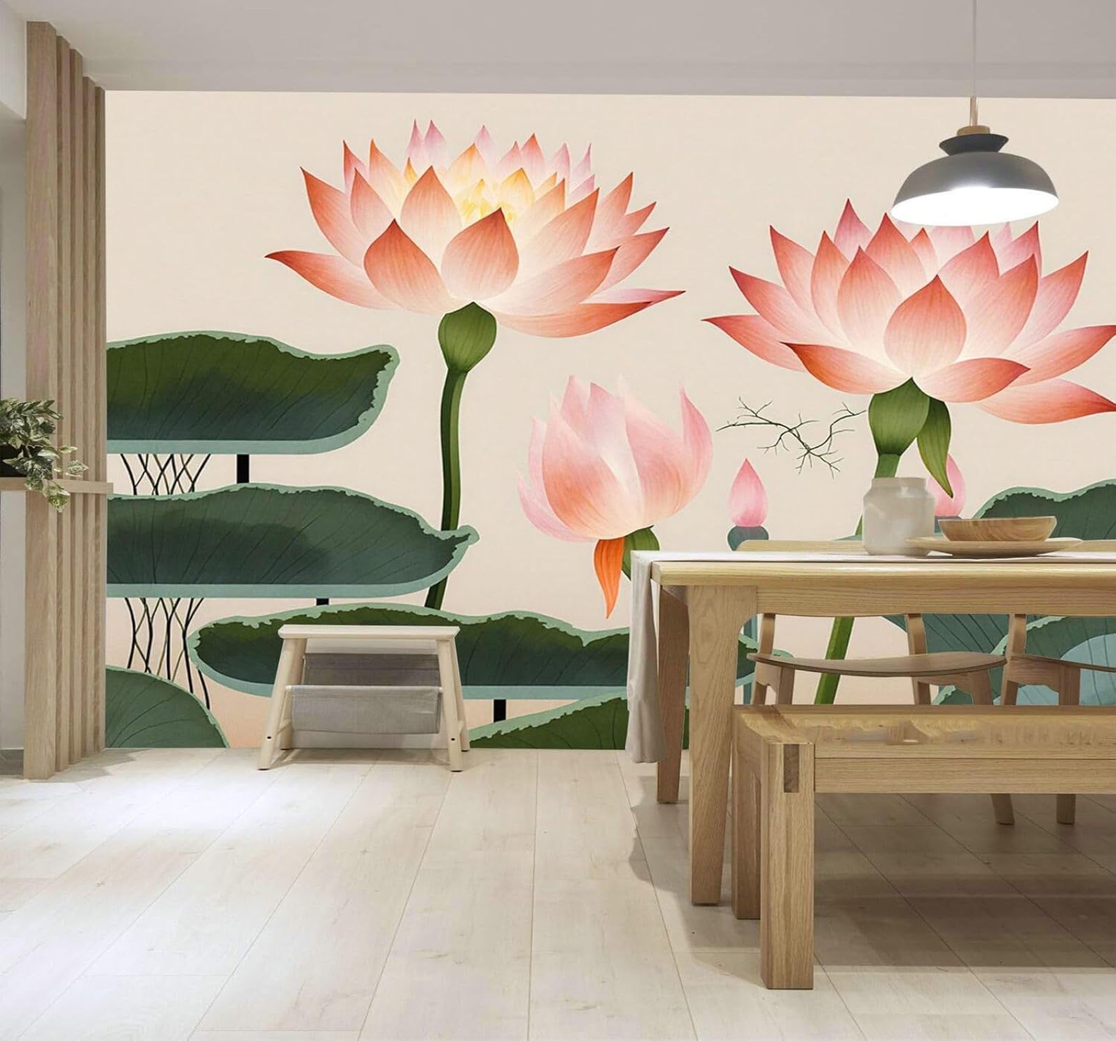 XLMING Simple Fresh Pink Lotus Flower Green Leaves Art 3D Wallpaper Silky Texture Home Study Office Grey Dining Room Sofa Bedroom Living Room TV Backdrop-250cm×170cm