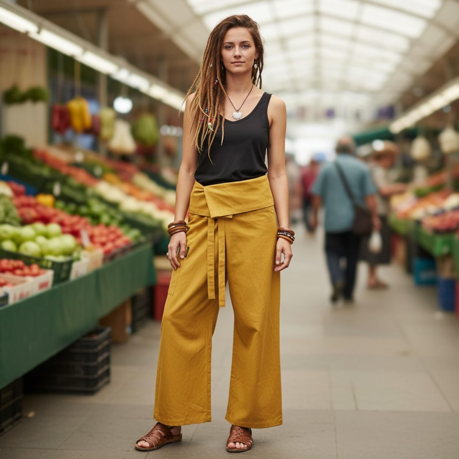 GURU SHOP Pantalon de pêche thaïlandais en coton solide, pantalon portefeuille, pantalon de yoga, taille unique, homme/femme, bleu, taille : taille unique