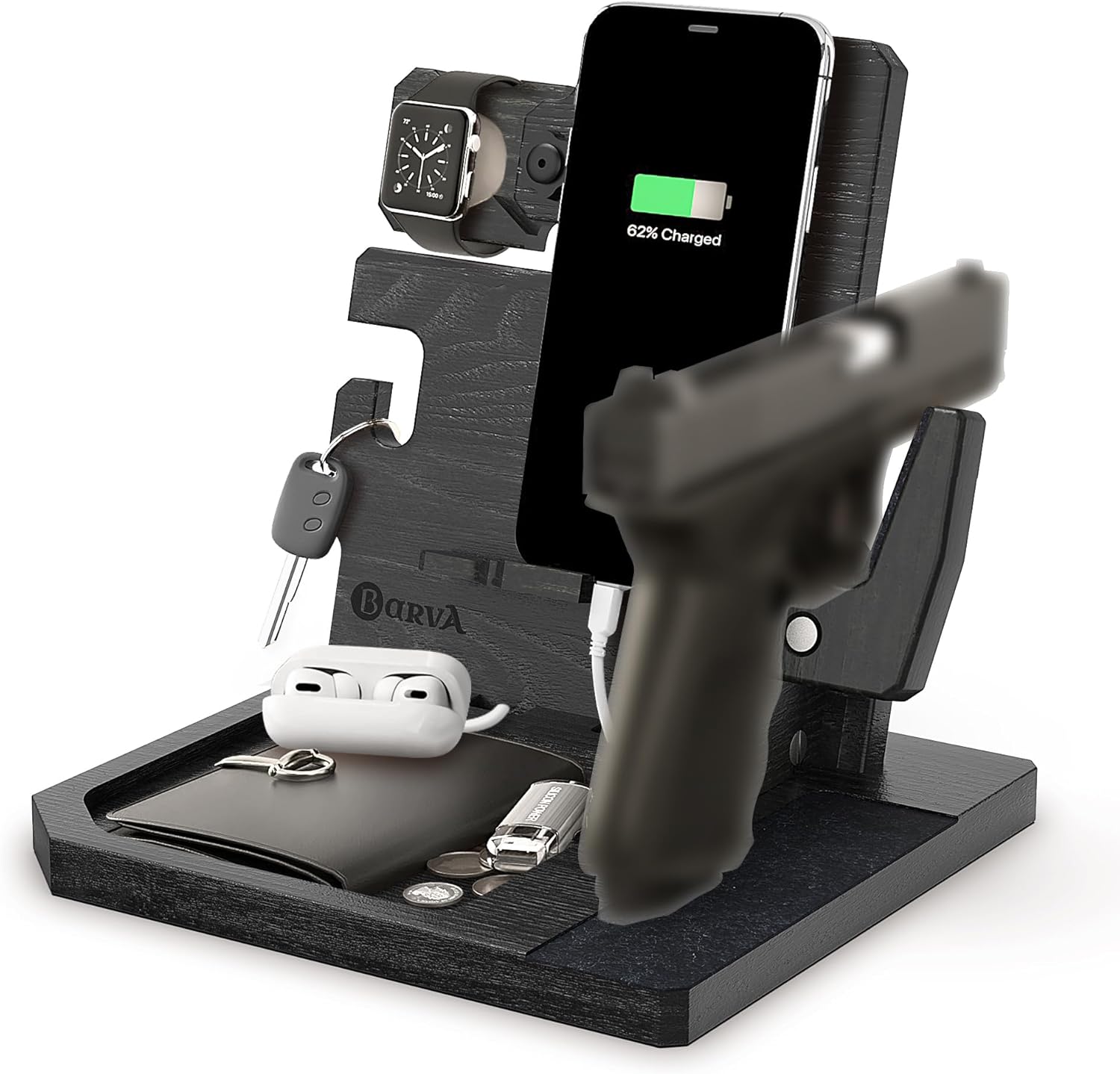 BarvA Phone Docking Station with Patented Adaptive Wood Gun Rack | Night Stand Smart Watch & Phone Stand | Charging Station Desk Organizer | Gun Accessories Storage and Organization