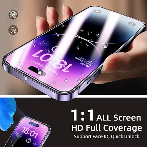 Miniatura 4 de ruwa Protector de pantalla para iPhone 14 Pro 3 unidades Película de vidrio templado de 6.1 pulgadas con marco de fácil instalación, Ultra HD,