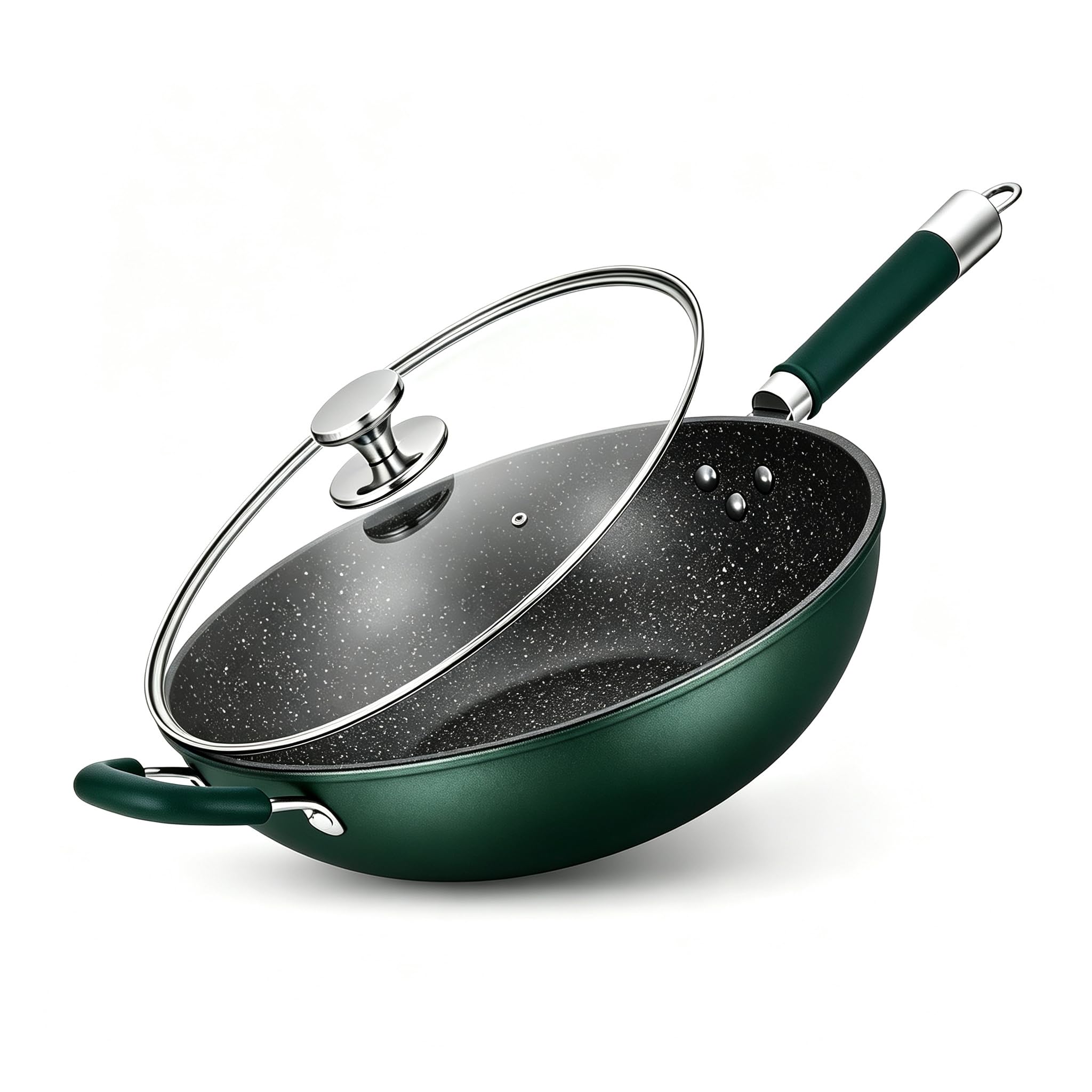 NCONCO 34cm Wok with Lid, Non- Stick Stir Fry Pan, No Chemical Coated, Sauté Family Pan, Tempered Glass Lid With Steam Vent, Large Capacity Induction Gas Electric Hobs with Ergonomic Handle (Green)