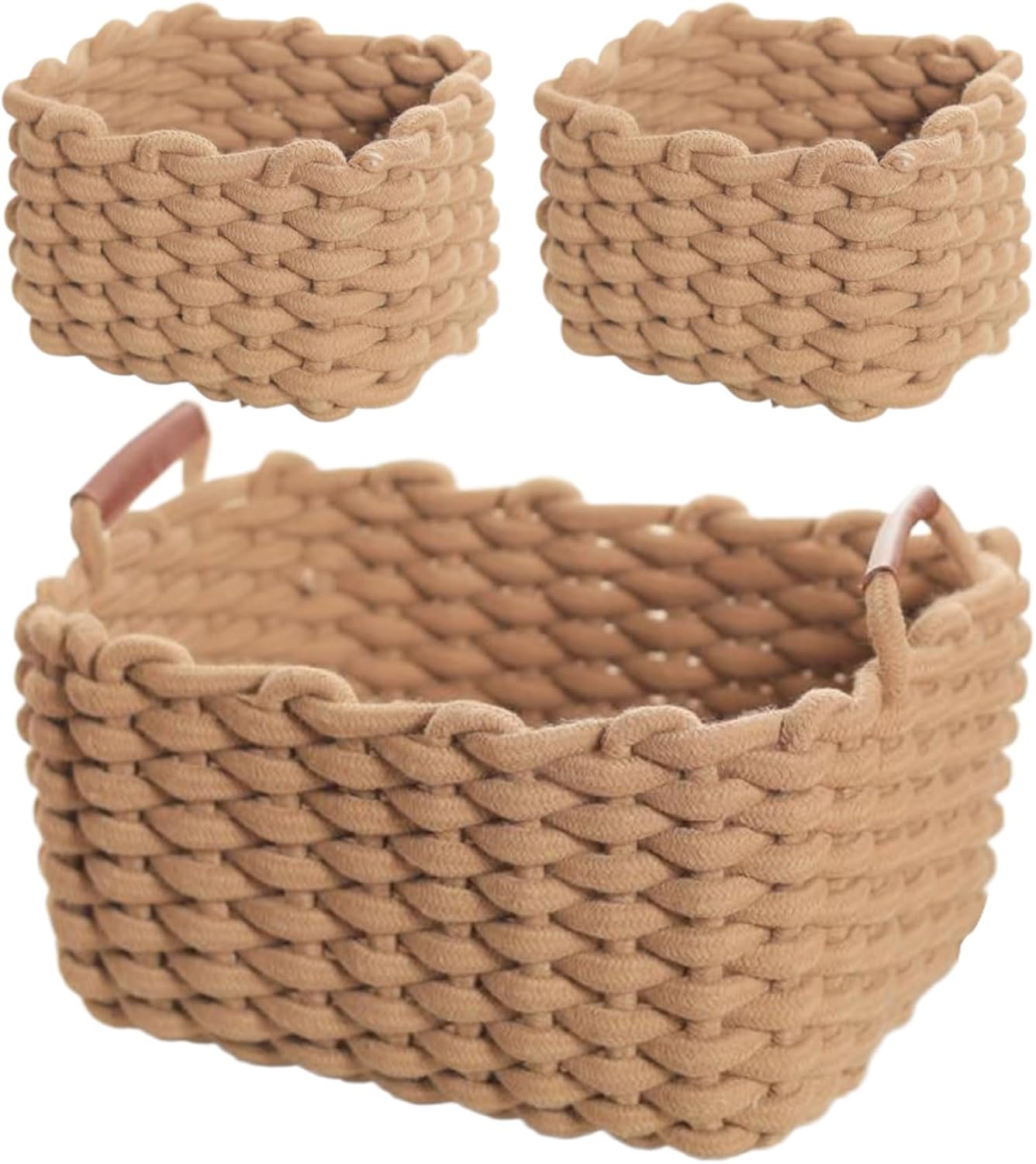 Cotton Rope Basket 1Pc Rectangle Braided Basket and 2Pcs Small Woven Basket Storage Basket with Handles Baby Nursery Bin for Toys, Diapers, Makeups Brown, Woven Basket