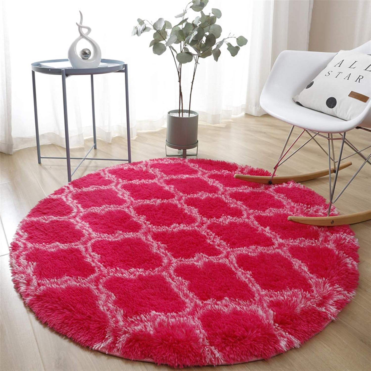 Liveinu Area Rugs for Bedroom Living Room, Round Fluffy Fuzzy Shag Shaggy Carpet Soft Plush Furry Bedside Rug for Nursery Playroom Dorm Room Teen Room Decor, Rose Red Plaid, 48x48