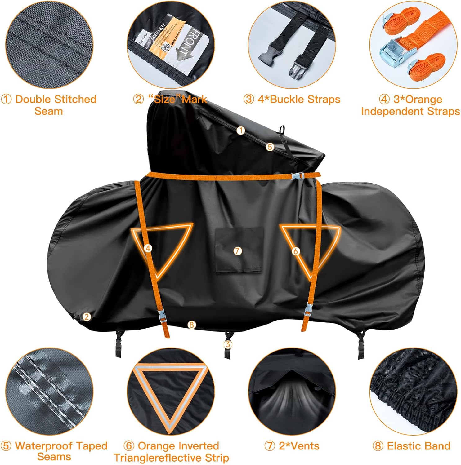 NEVERLAND Bike Cover for Transport on Rack, Bicycle Cover Outdoor Storage Waterproof All Seasons, 600D Oxford Materials, Travel Use for Car, Truck, RV, SUV - Light Night Reflectors for 2 Bikes