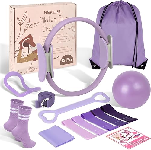 Kit esencial de anillo de pilates para mujer, equipo de entrenamiento en casa con pelota de 9.8 pulgadas, bandas de resistencia, círculo mágico,