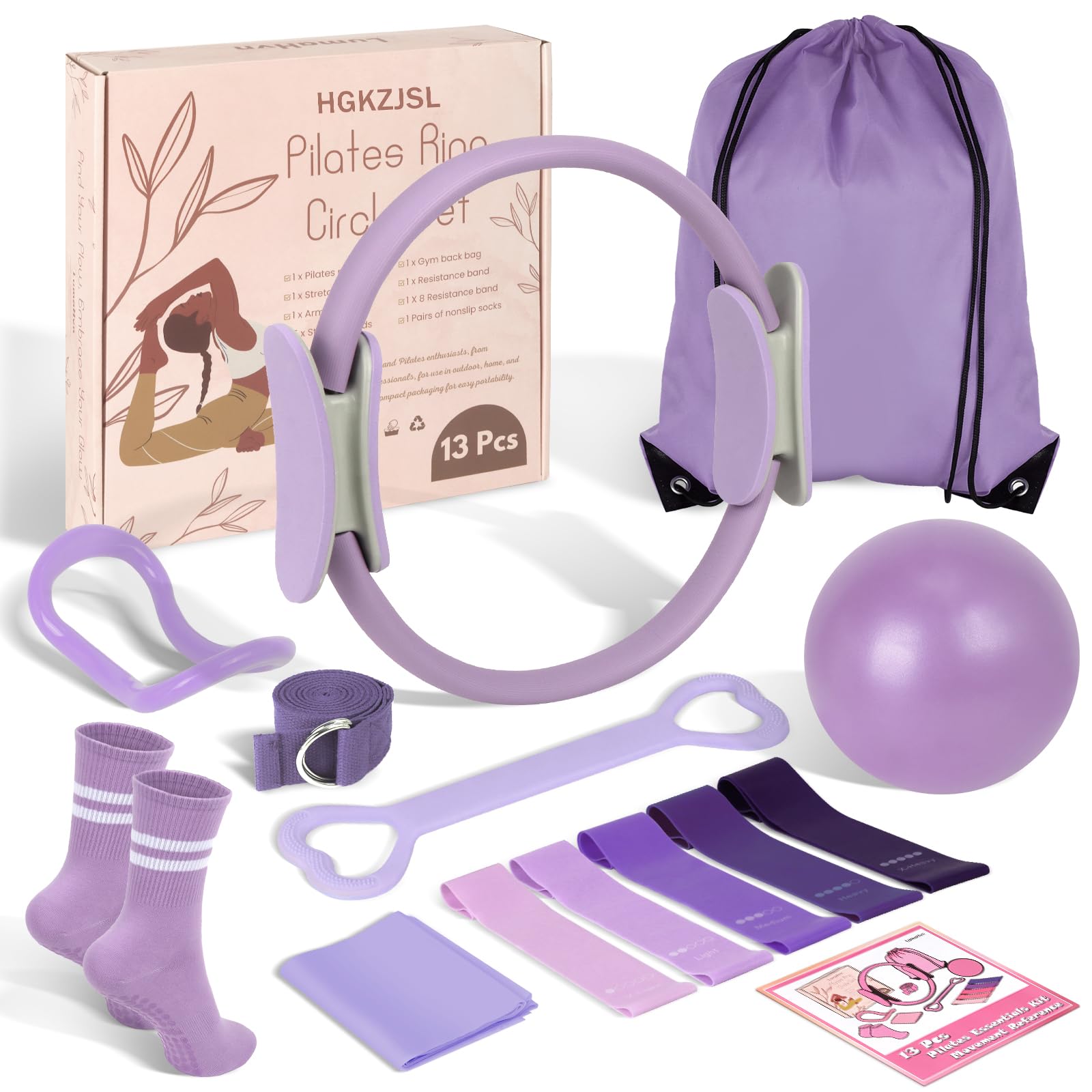 HGKZJSL Home Pilates Essentials Kit for Women,Pilates Equipment Set with 9 Inch Yoga Ball,Figure 8 Resistance Band,Pilates Bands & Accessories,Pilates Ring and Ball Set for Beginners Home Workouts: Lavender