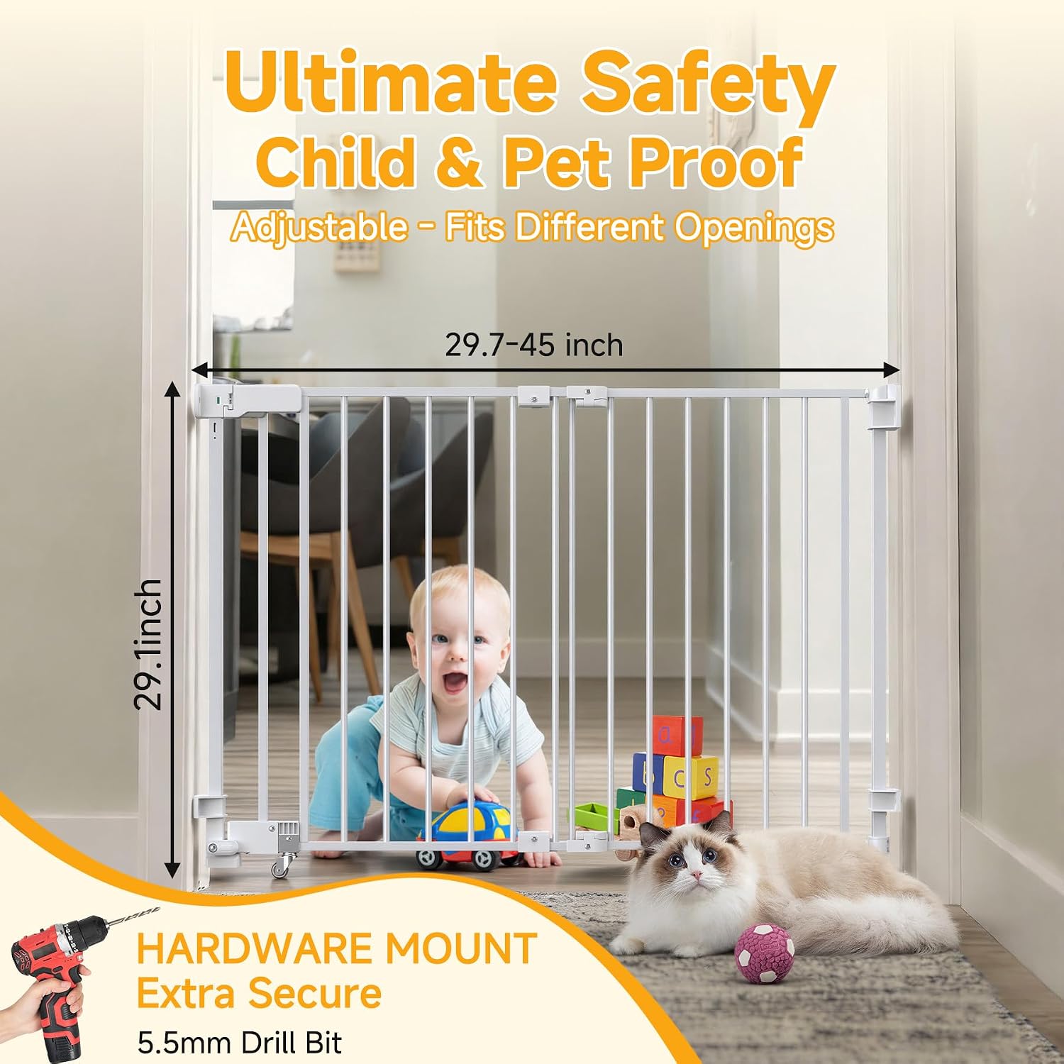 29.7"-45" Baby Gate for Stairs, Metal Pet Dog Gate for Doorways Indoor, 2 Installation Positions, Hardware Mount, 29.1”H Walk Through Safety Child Gate for Kids Toddler, White