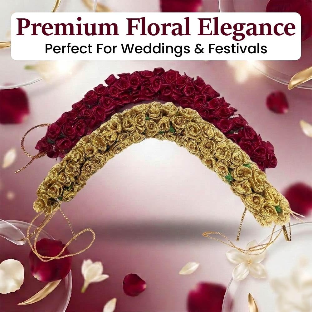 Gozby WellPoint Artificial Flower Gajra Bun Juda Maker | Red Rose & Golden Floral Hair Accessories for Women & Girls | Bridal Hair Bun Decoration for Wedding & Festivals | Pack of 2 2