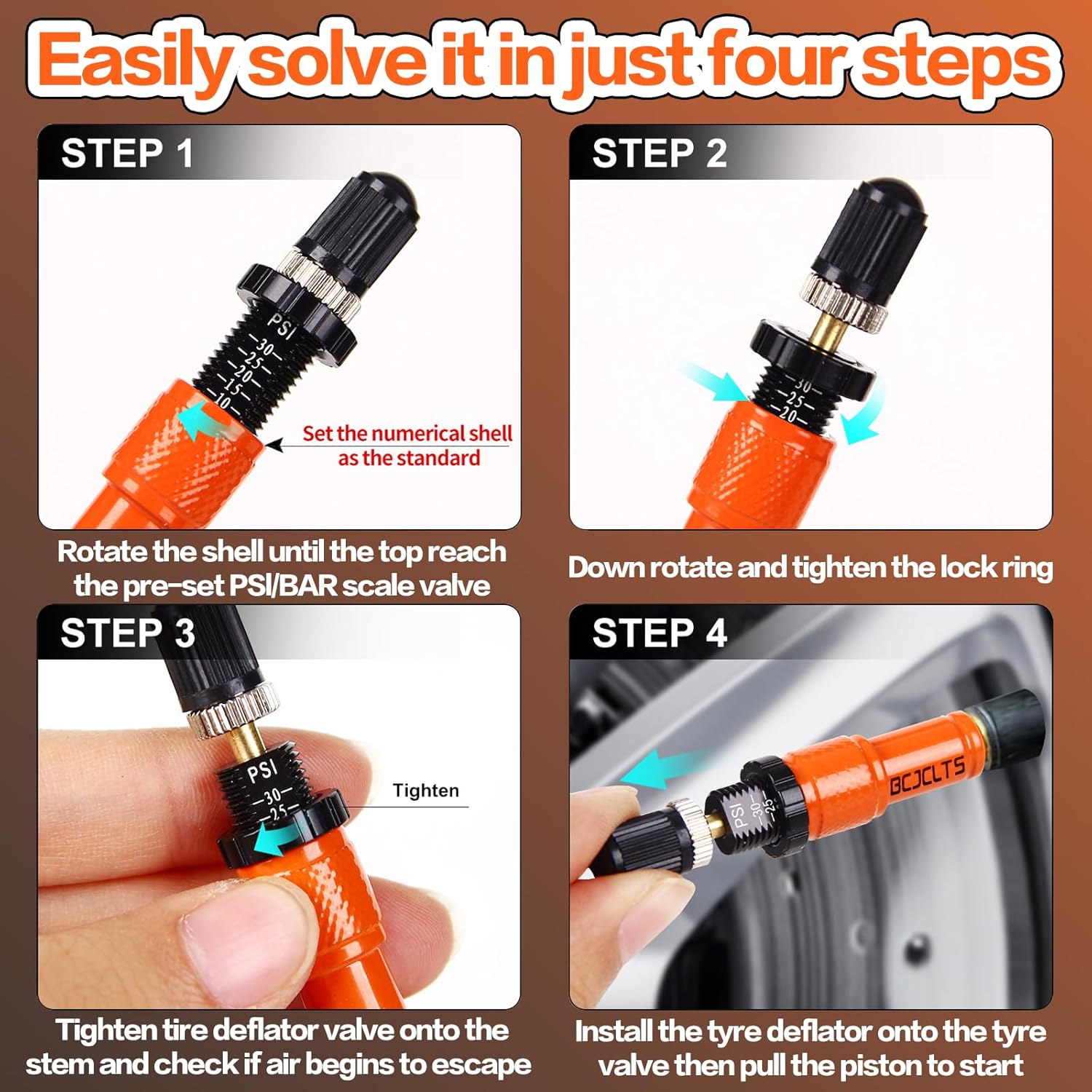 Adjustable Auto-Stop Tire Deflator Valve Kit (10-30 PSI) Tire Air Down Tool Offroad 4x4 Screw-on Automatic Tire Deflators. (4, Orange)