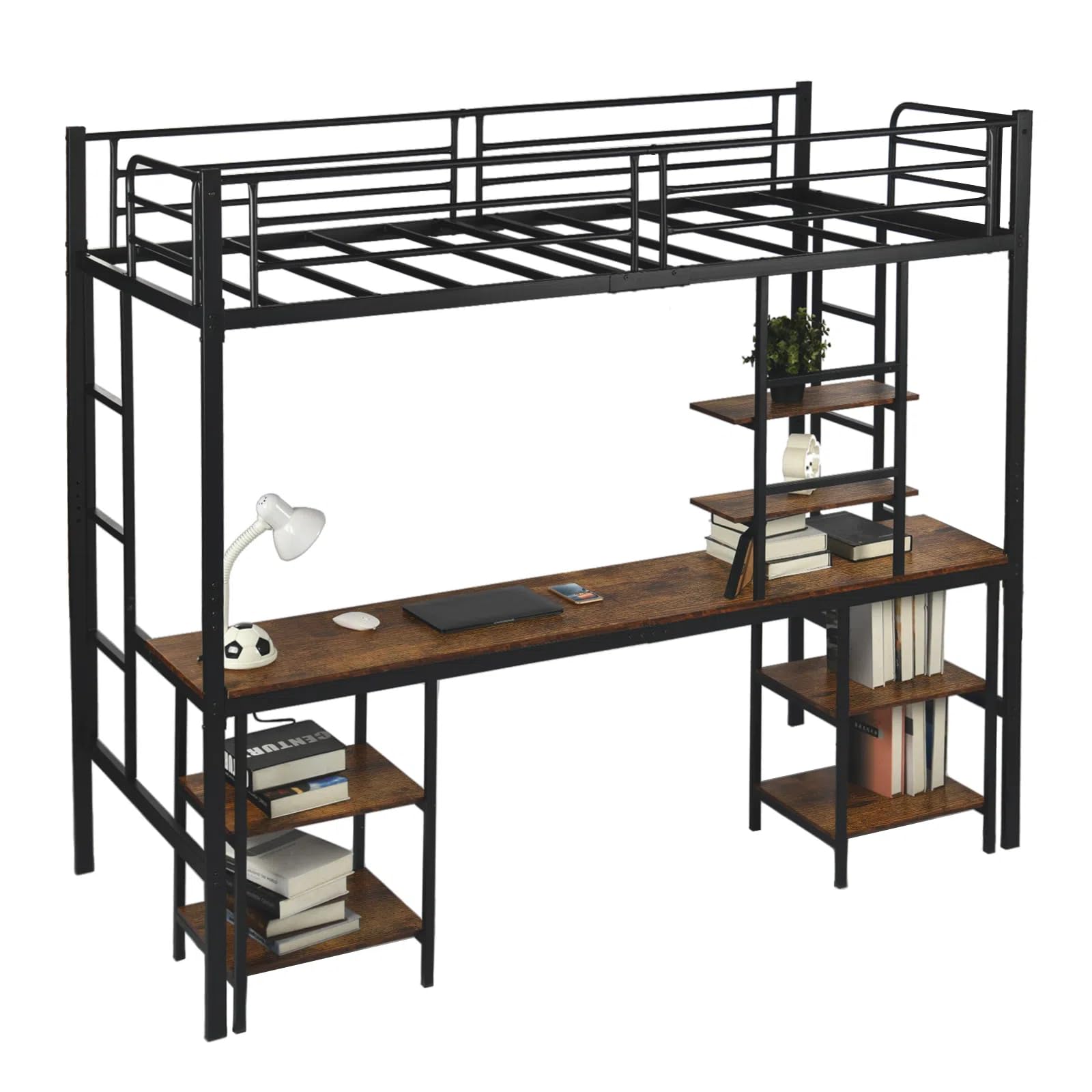 DORAFAIR Cama Mezzanine 90x200 cm de Metal con Escritorio, 3 Estantes y 2 Escaleras, Cama Mezzanine para Niños y Adultos con Láminas de Metal y Barandilla, Estilo Industrial, Negro