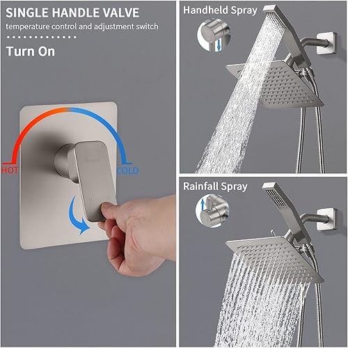 Miniatura 6 de Juego de grifos de ducha de metal, sistema de cabezal de ducha cuadrado doble con varita de mano y cabezal de ducha de lluvia, desviador, combo