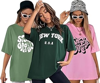 Women's Cotton Oversized Fit Printed Round Neck Oversized T-Shirt | Loose Fit Drop Shoulder T-Shirt Pack of 3