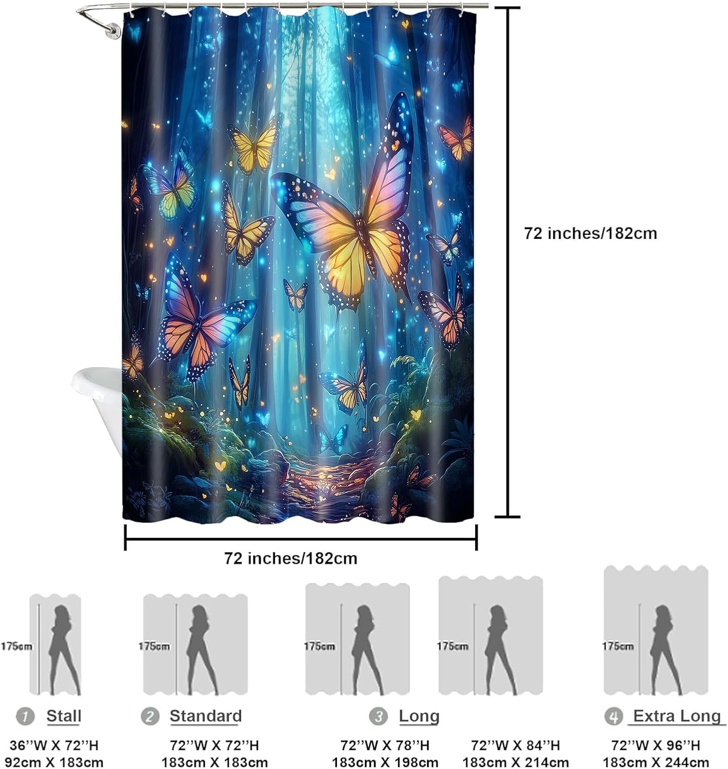 Blue Enchanted Forest Shower Curtain Magic Fairy Tale Gemstone Blue Forest Cute Butterfly Shower Curtain for Bathroom, Fantasy Nature Fabric Cloth Waterproof Bathroom Curtain with Hooks
