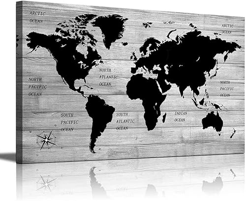 Lienzo decorativo para sala de estar, mapa del mundo, mapa blanco y negro, para oficina, decoración del hogar, minimalista, vintage, mapa del mundo,