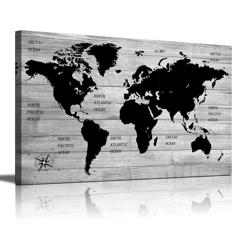 TAOMI Living Room Canvas Wall Art World Map Black and White Artwork for Office Wall Decor Vintage Map of the World Grey Wooden Grain Frame 24x36inch